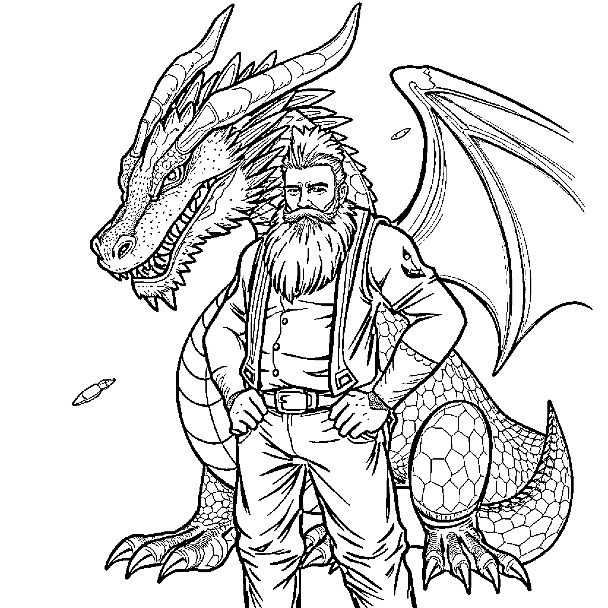 Bearded Man with Majestic Dragon Coloring Page (free black-and-white line drawing printable PDF for all, from beginners to advanced learners, including children, teens, adults, and seniors)