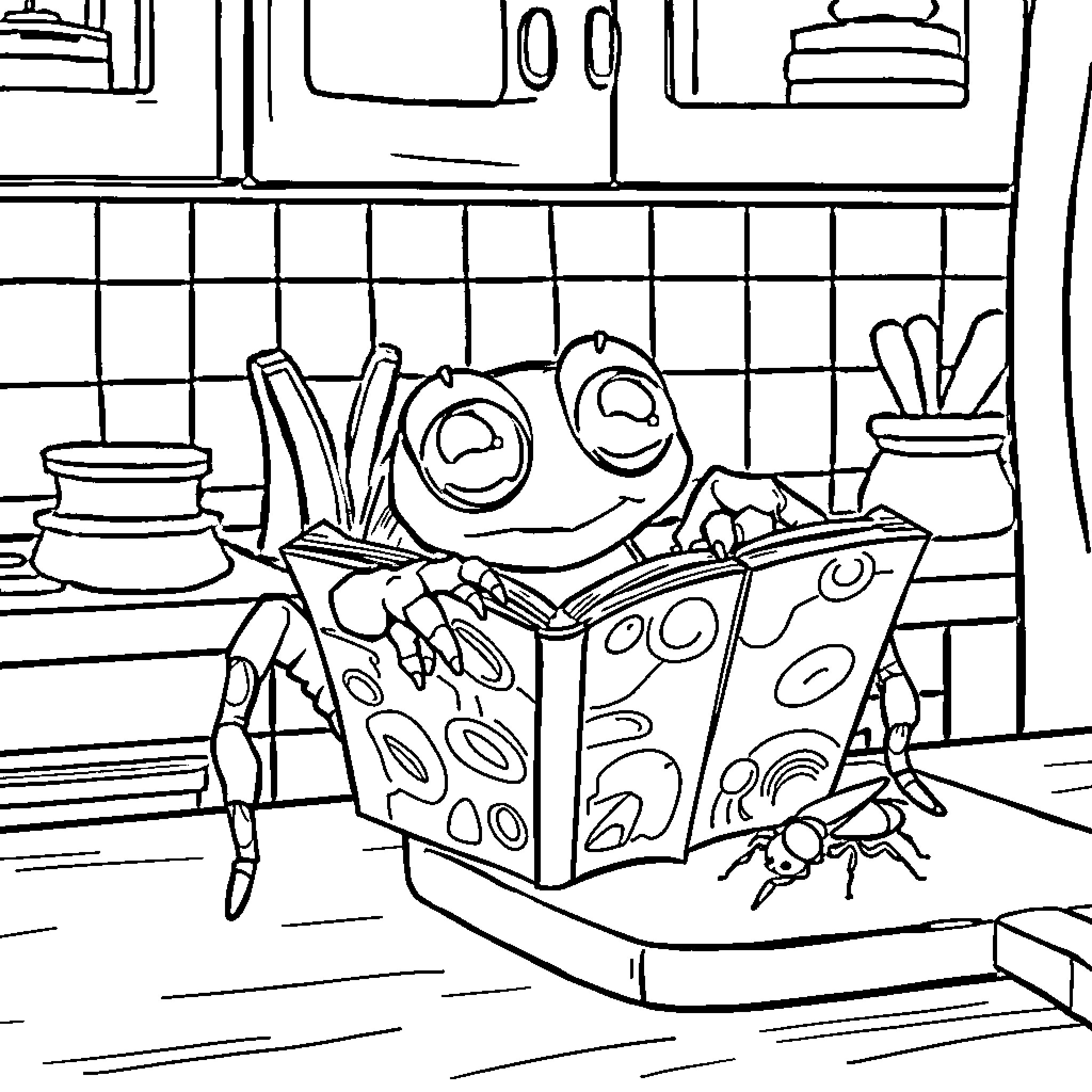 Spider reading a book in a kitchen Coloring Page (free black-and-white line drawing printable PDF for all, from beginners to advanced learners, including children, teens, adults, and seniors)