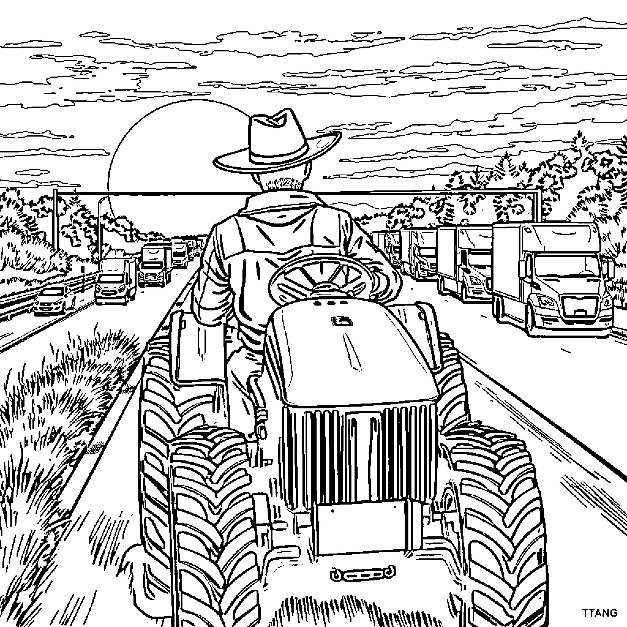 Cowboy driving tractor on a countryside road Coloring Page (free black-and-white line drawing printable PDF for all, from beginners to advanced learners, including children, teens, adults, and seniors)