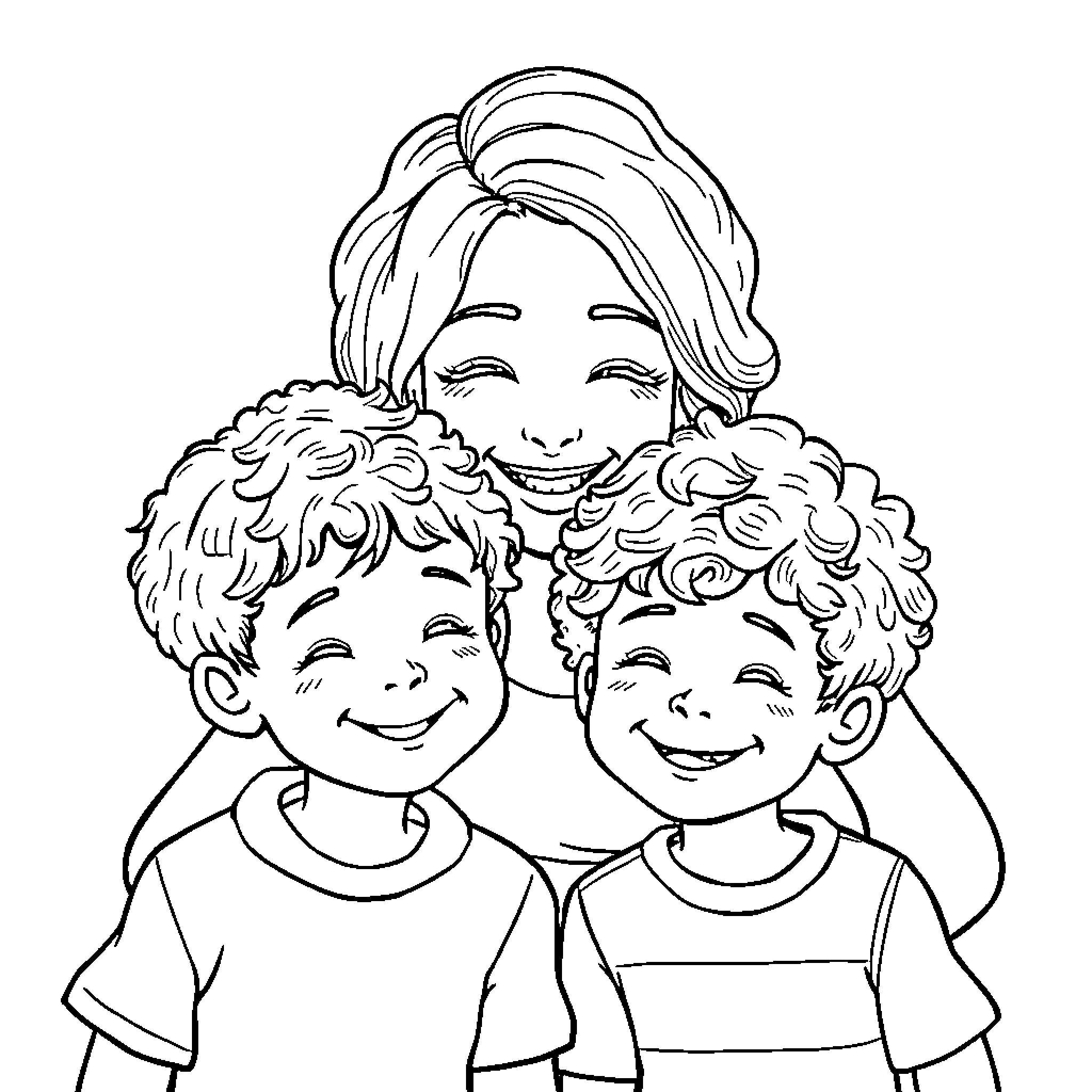 Mom spending quality time with happy children Coloring Page (free black-and-white line drawing printable PDF for all, from beginners to advanced learners, including children, teens, adults, and seniors)