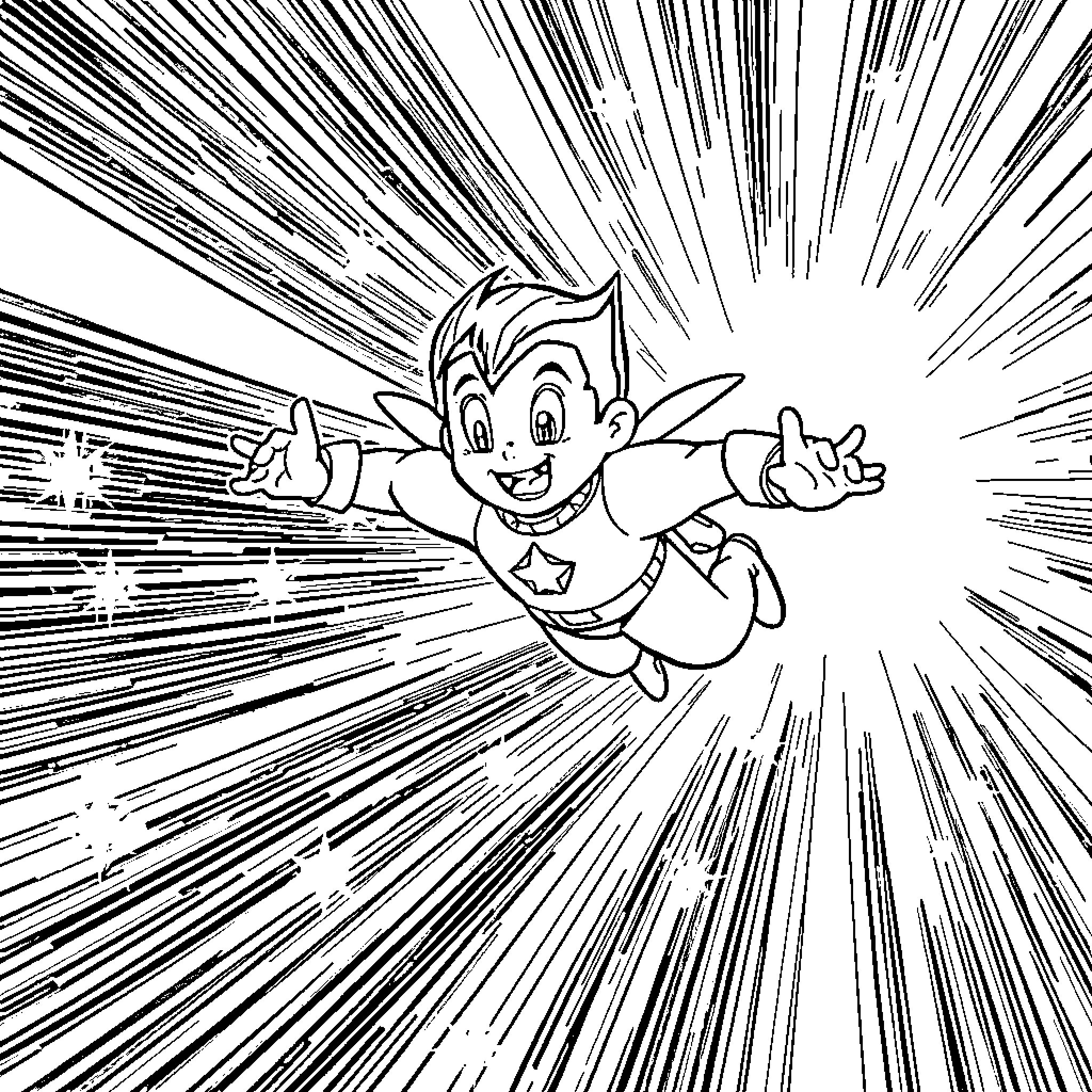 Astro Boy flying with enthusiasm and excitement Coloring Page (free black-and-white line drawing printable PDF for all, from beginners to advanced learners, including children, teens, adults, and seniors)