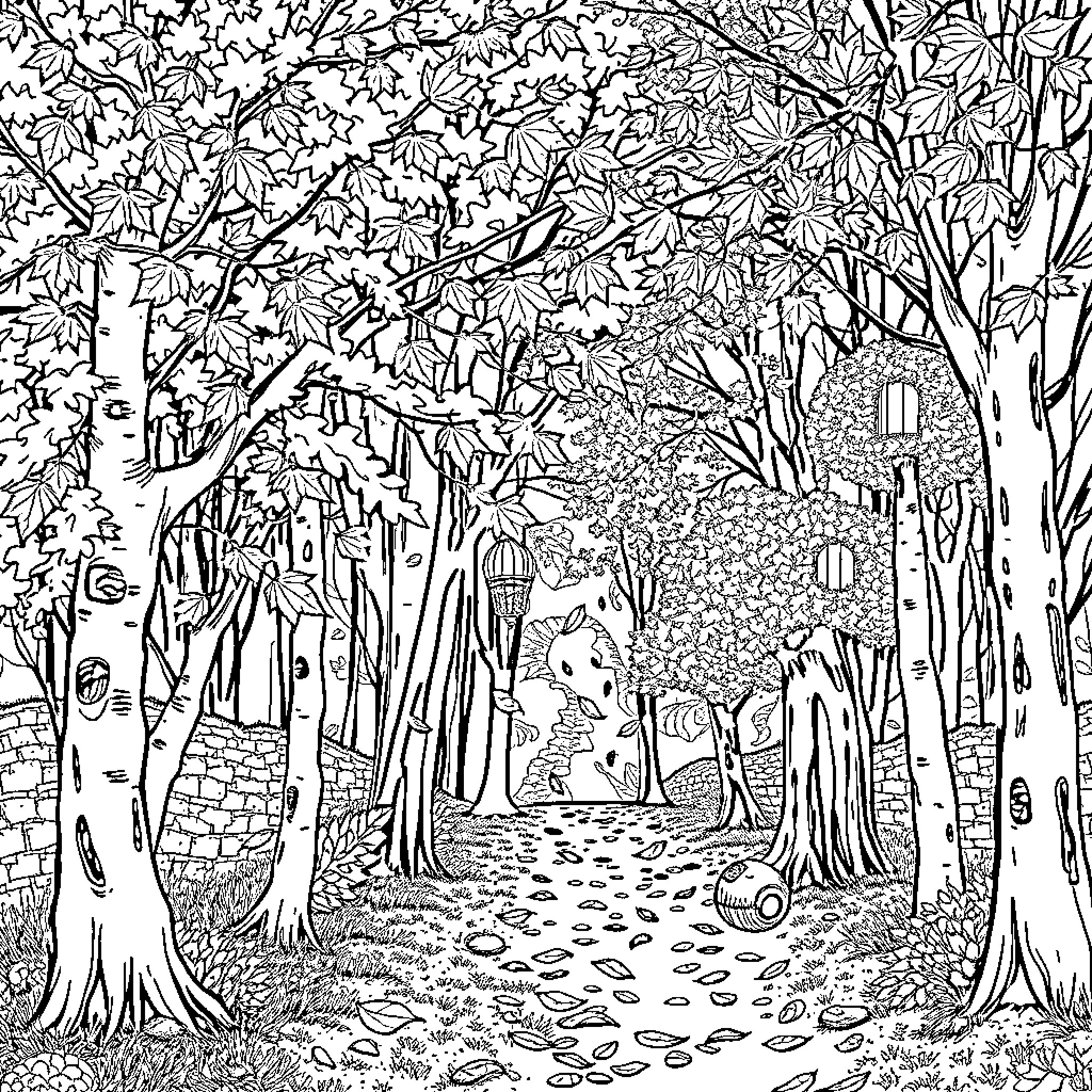 Autumn Escape into the Enchanted Forest Coloring Page (free black-and-white line drawing printable PDF for all, from beginners to advanced learners, including children, teens, adults, and seniors)