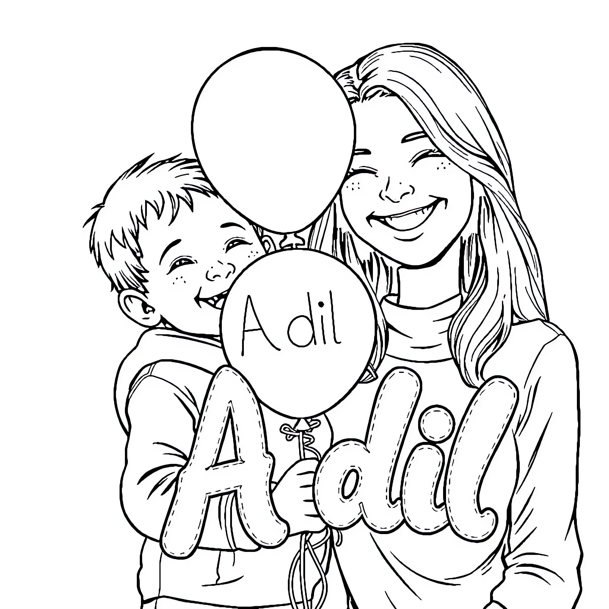 Child celebrating with happy parent and balloons Coloring Page (free black-and-white line drawing printable PDF for all, from beginners to advanced learners, including children, teens, adults, and seniors)