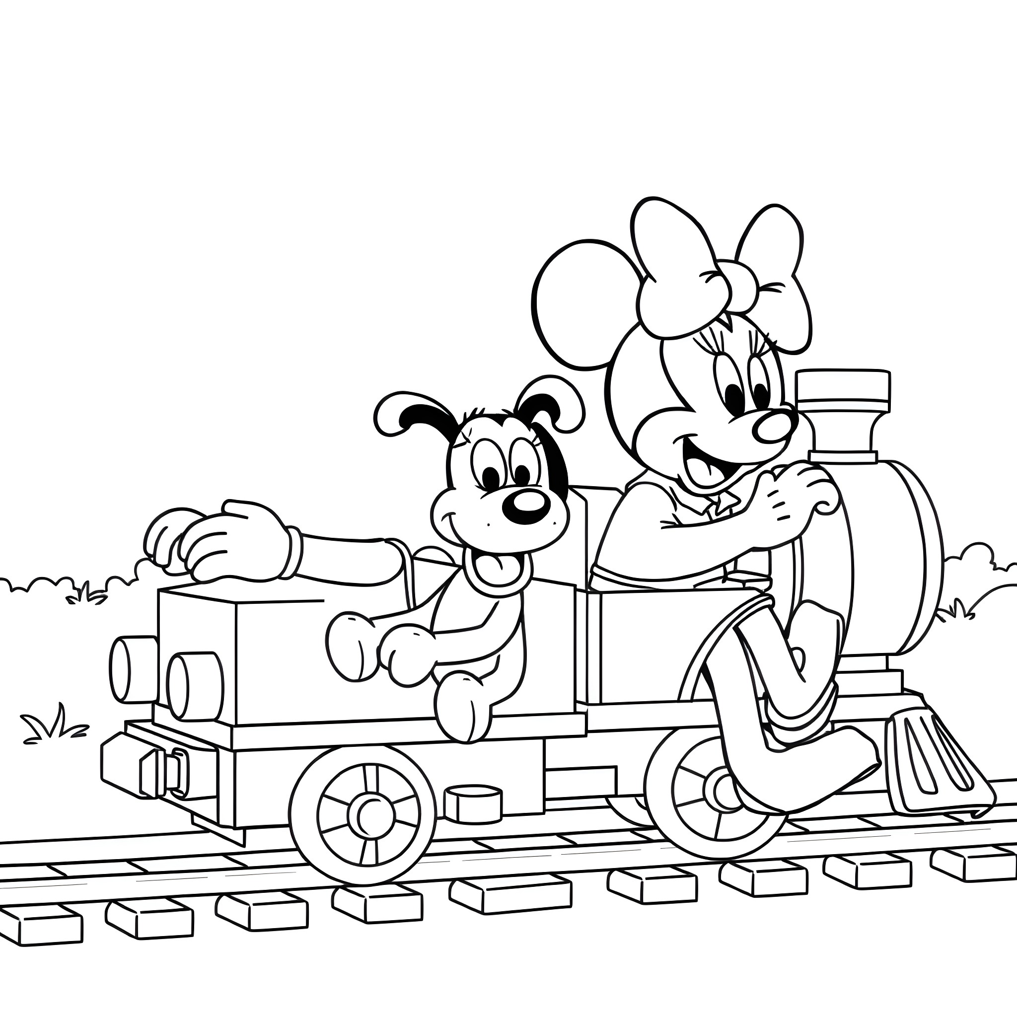 Mickey Mouse and Minnie Mouse riding a toy train Coloring Page (free black-and-white line drawing printable PDF for all, from beginners to advanced learners, including children, teens, adults, and seniors)