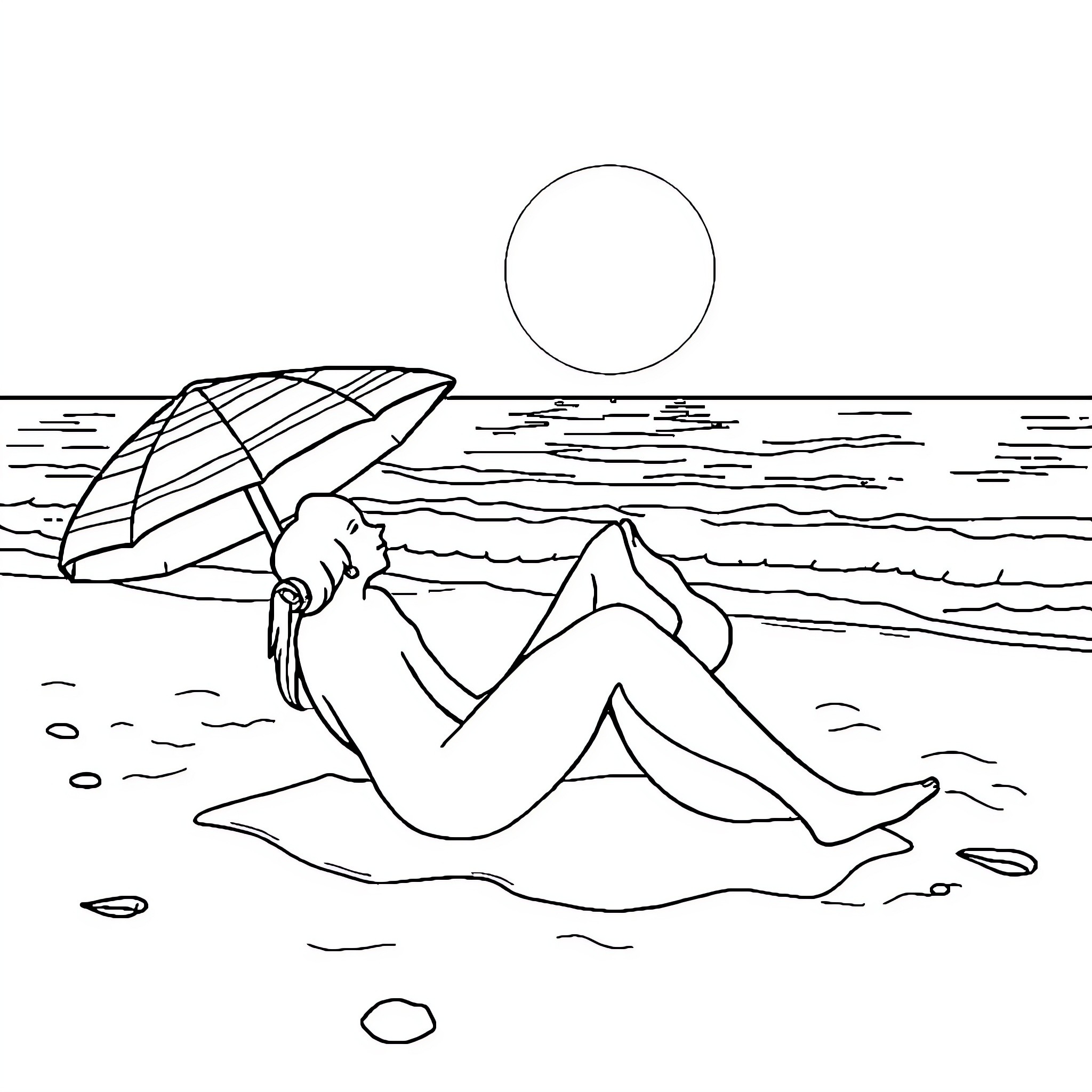 Sopa of a person relaxing on the beach Coloring Page (free black-and-white line drawing printable PDF for all, from beginners to advanced learners, including children, teens, adults, and seniors)