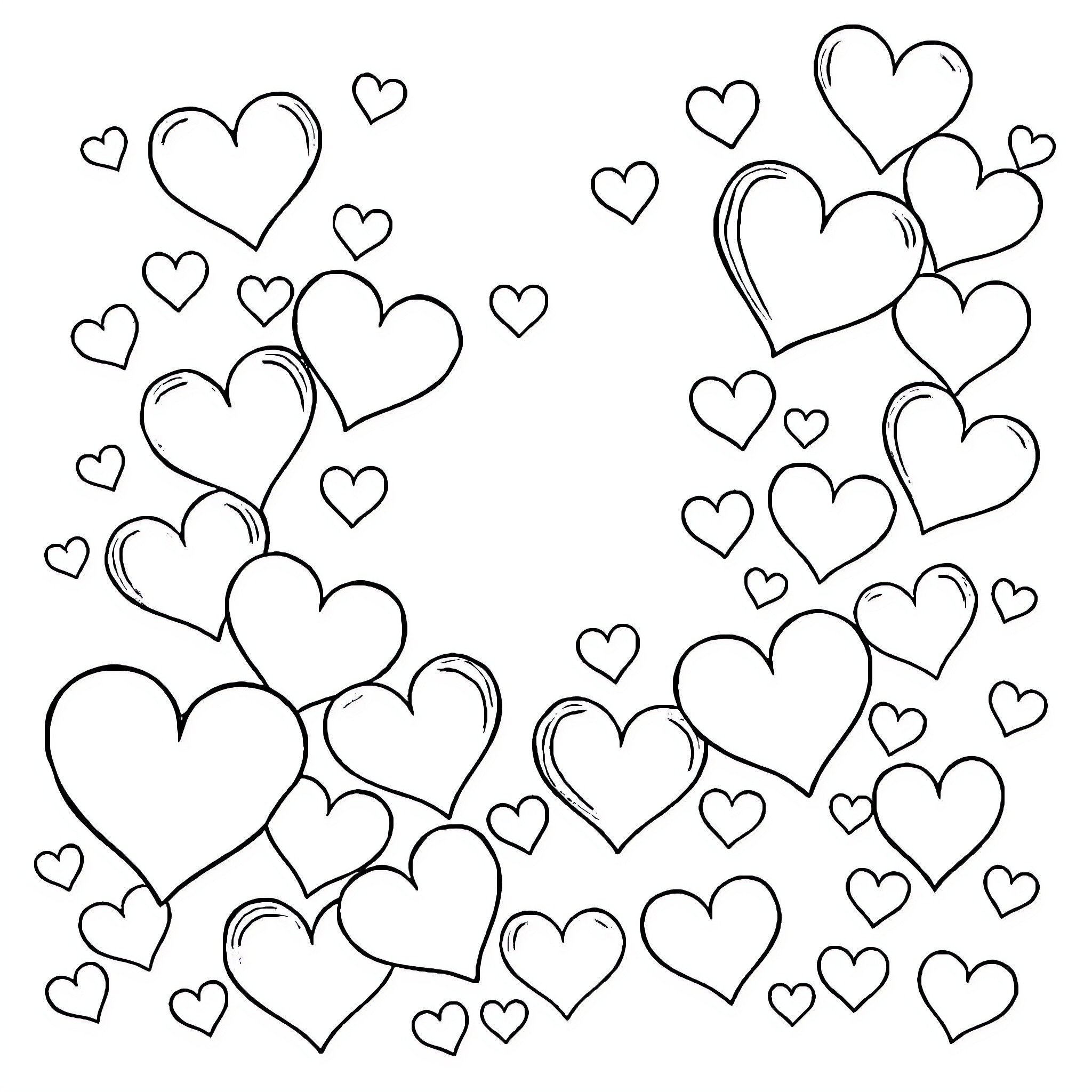 Heart-Filled Whimsical Doodle Coloring Page (free black-and-white line drawing printable PDF for all, from beginners to advanced learners, including children, teens, adults, and seniors)