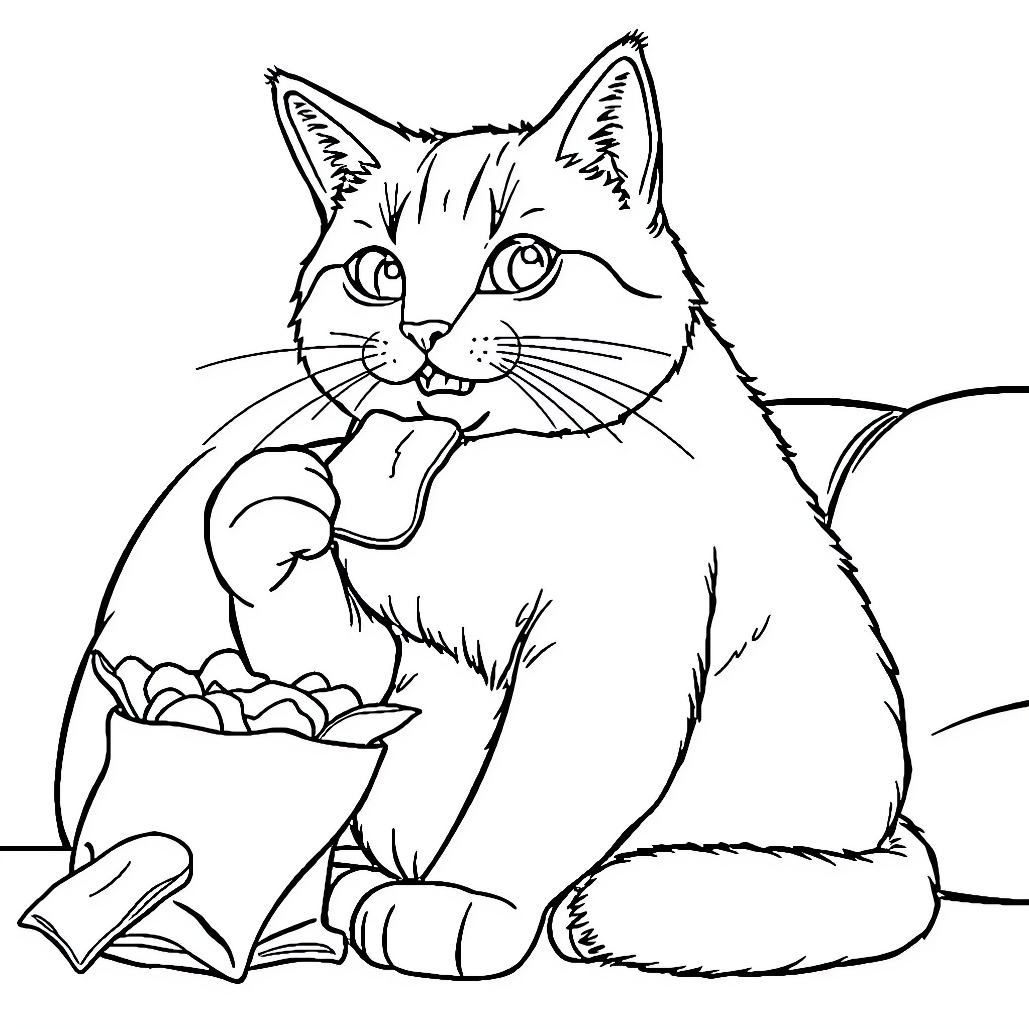 Cat enjoying a snack in black and white Coloring Page (free black-and-white line drawing printable PDF for all, from beginners to advanced learners, including children, teens, adults, and seniors)