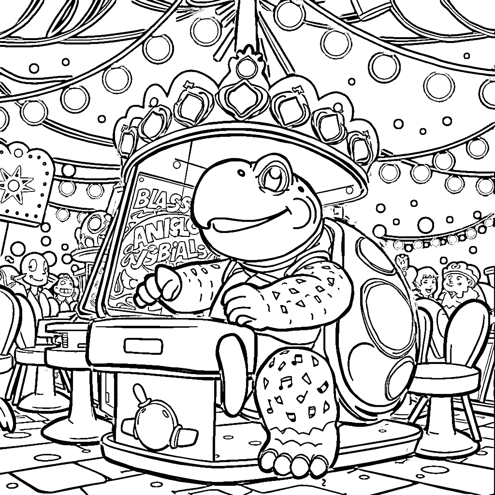Blastoise playing carnival games in a festive environment Coloring Page (free black-and-white line drawing printable PDF for all, from beginners to advanced learners, including children, teens, adults, and seniors)