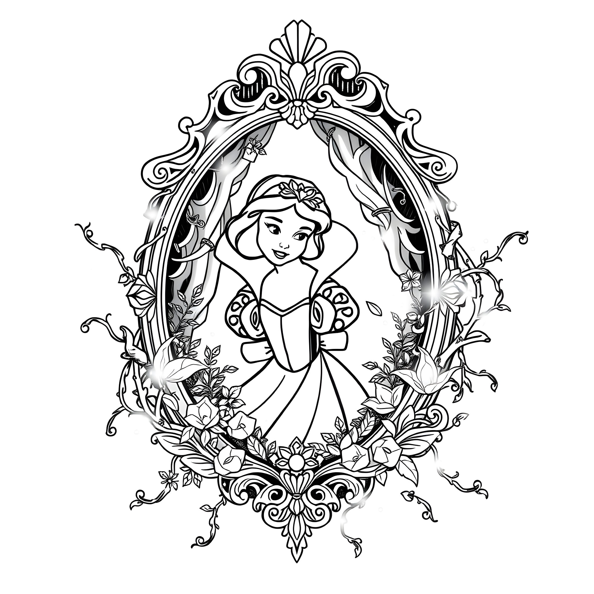 Magic Mirror of a Fairy Princess in Elegant Attire Coloring Page (free black-and-white line drawing printable PDF for all, from beginners to advanced learners, including children, teens, adults, and seniors)