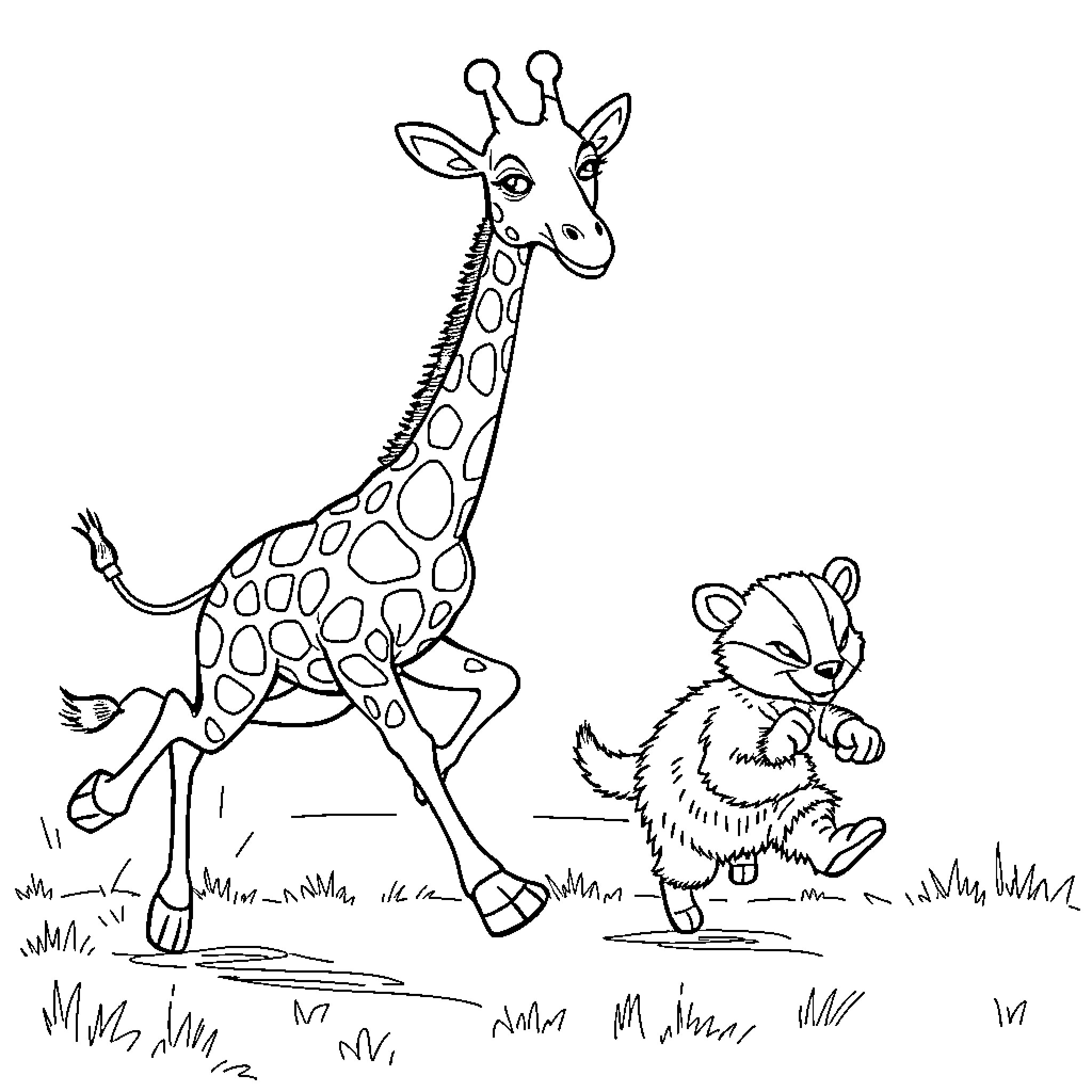 Giraffe and raccoon exploring nature together Coloring Page (free black-and-white line drawing printable PDF for all, from beginners to advanced learners, including children, teens, adults, and seniors)