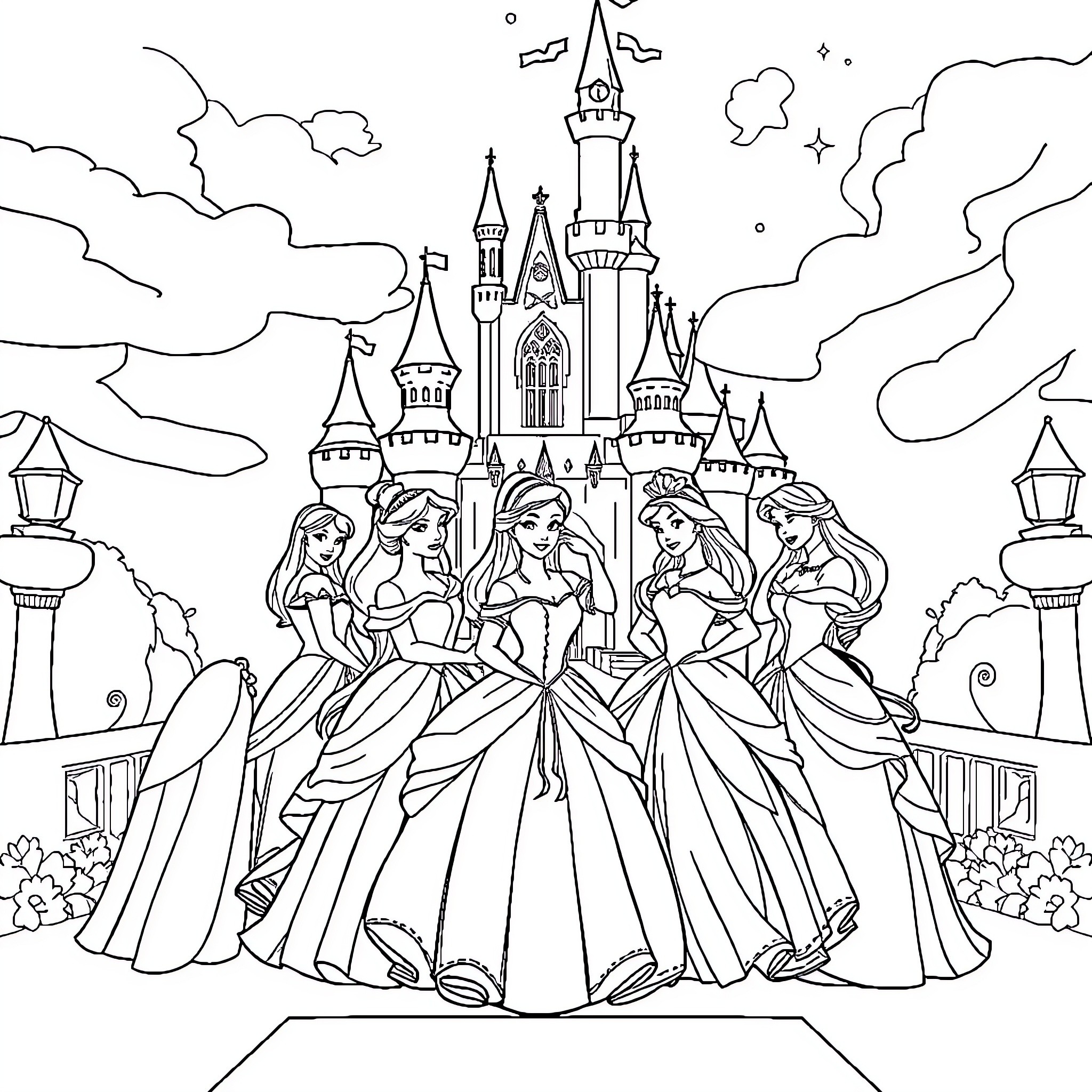 Disney Princess Ensemble in Majestic Castle Scene Coloring Page (free black-and-white line drawing printable PDF for all, from beginners to advanced learners, including children, teens, adults, and seniors)