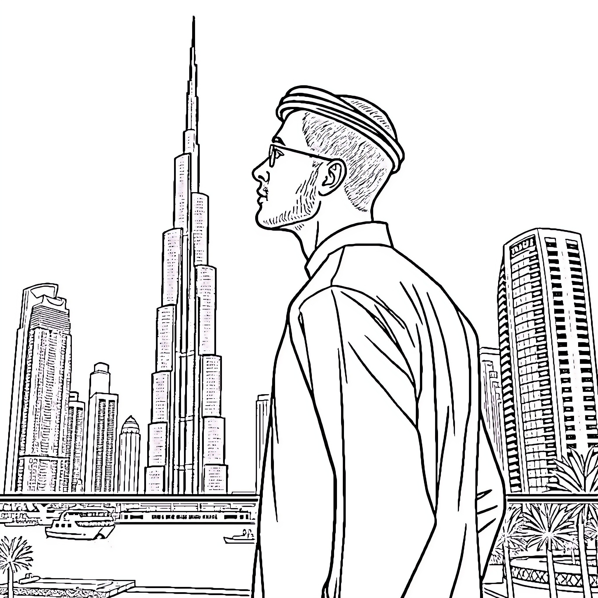 Arab Guy looking over the Dubai skyline Coloring Page (free black-and-white line drawing printable PDF for all, from beginners to advanced learners, including children, teens, adults, and seniors)