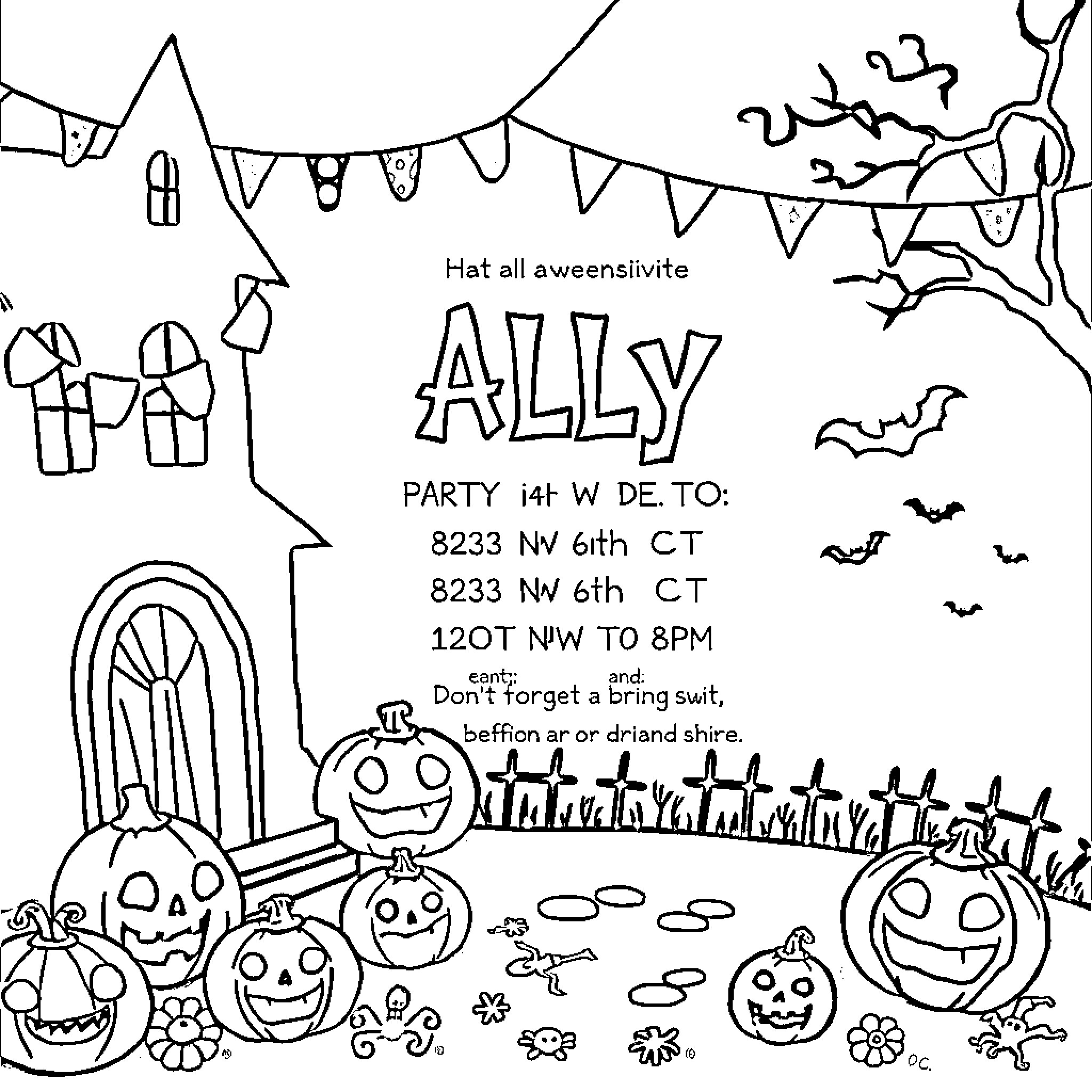 Halloween party invitation with spooky decor Coloring Page (free black-and-white line drawing printable PDF for all, from beginners to advanced learners, including children, teens, adults, and seniors)
