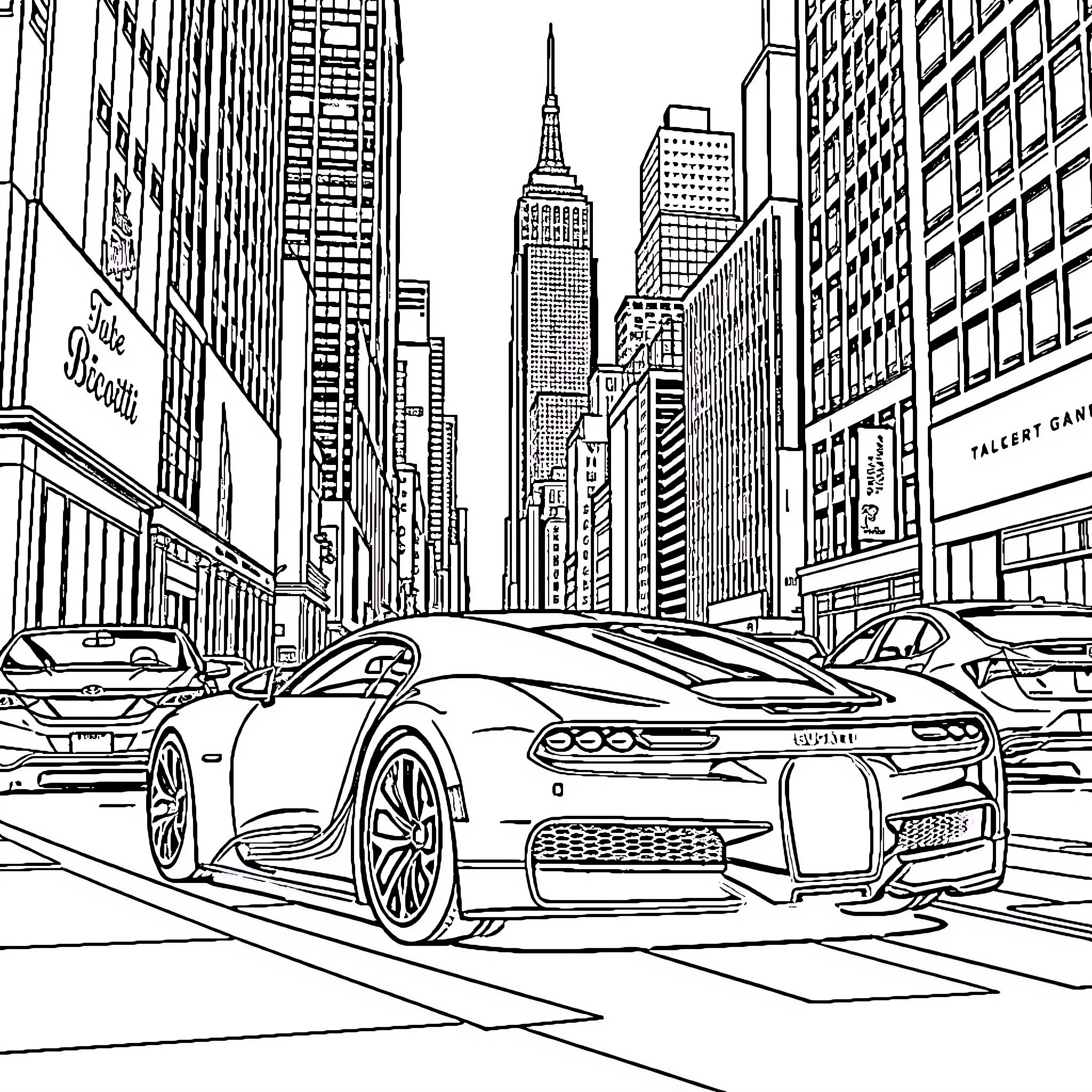 Bugatti sports car in a busy city skyline Coloring Page (free black-and-white line drawing printable PDF for all, from beginners to advanced learners, including children, teens, adults, and seniors)