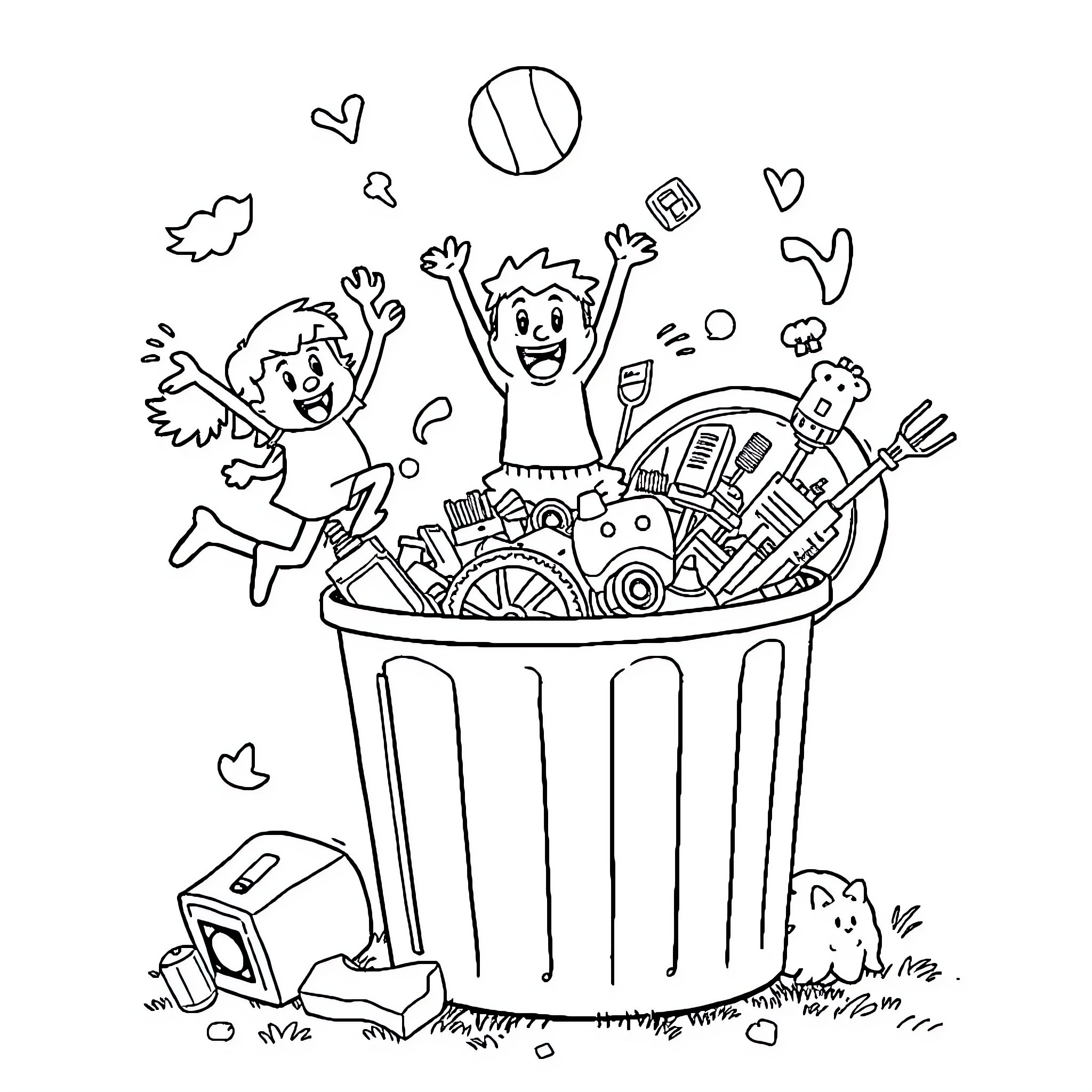 Dandy boys playing in a toy-filled trash can Coloring Page (free black-and-white line drawing printable PDF for all, from beginners to advanced learners, including children, teens, adults, and seniors)