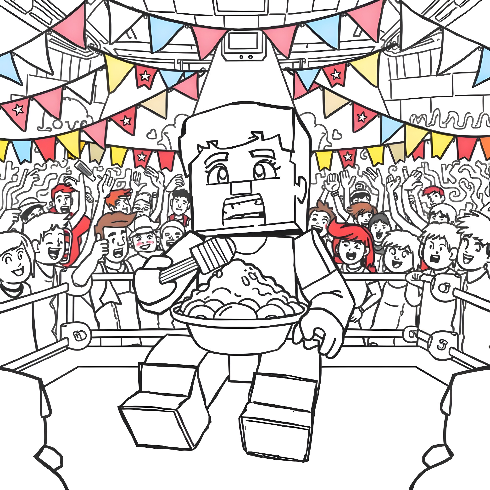 Steve's Festive Celebration with Lively Crowd Coloring Page (free black-and-white line drawing printable PDF for all, from beginners to advanced learners, including children, teens, adults, and seniors)