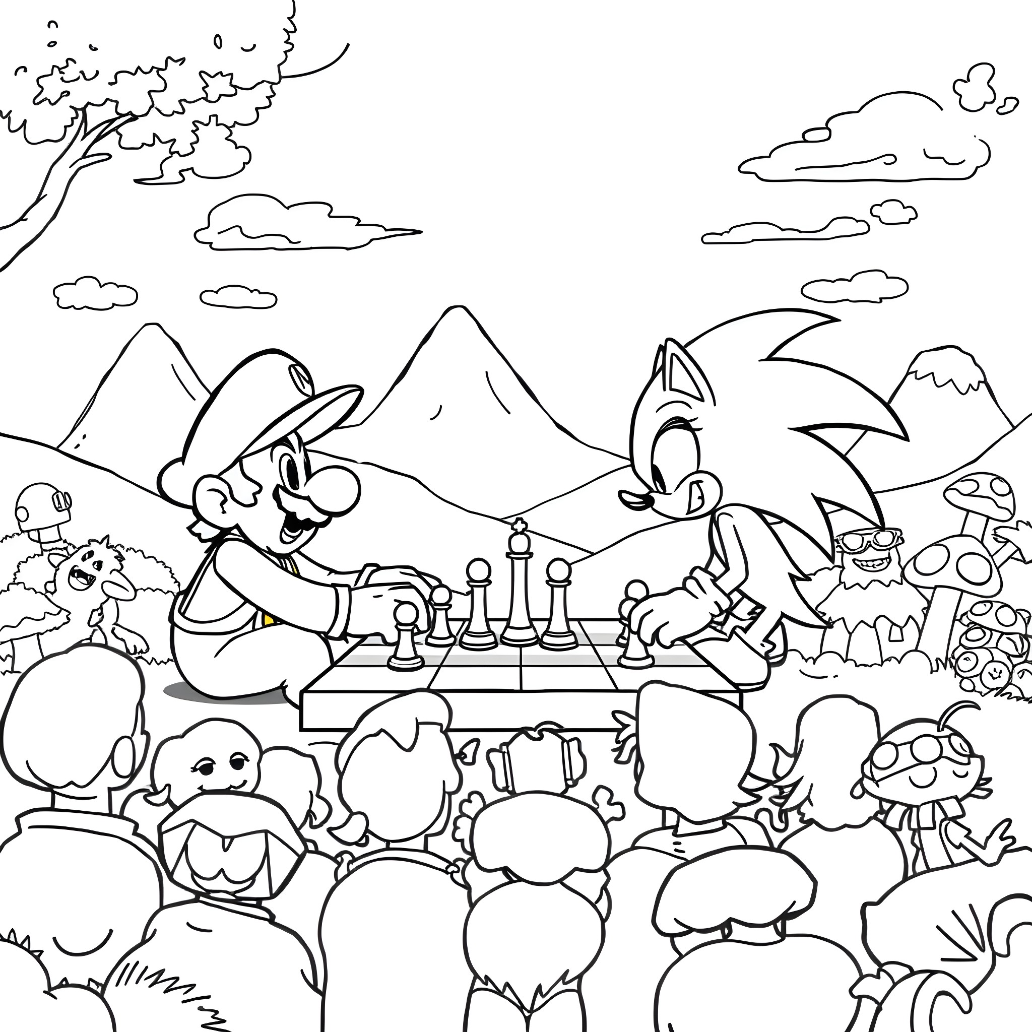 Mario playing chess with Sonic in the mountains Coloring Page (free black-and-white line drawing printable PDF for all, from beginners to advanced learners, including children, teens, adults, and seniors)