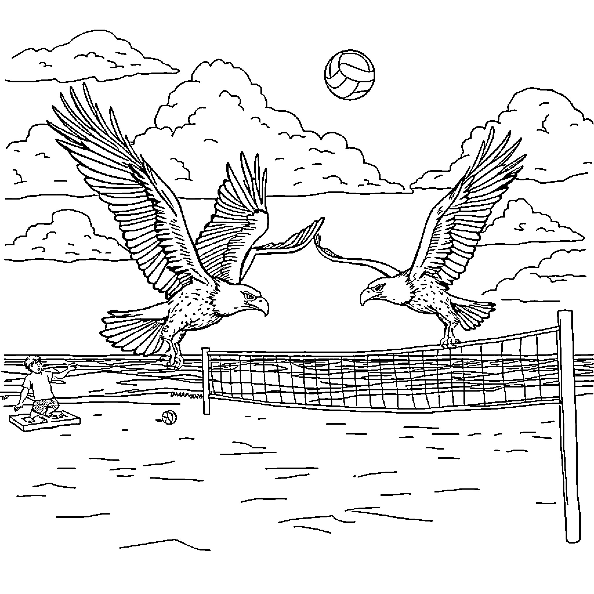 Eagle Birds Playing Volleyball on the Beach Coloring Page (free black-and-white line drawing printable PDF for all, from beginners to advanced learners, including children, teens, adults, and seniors)