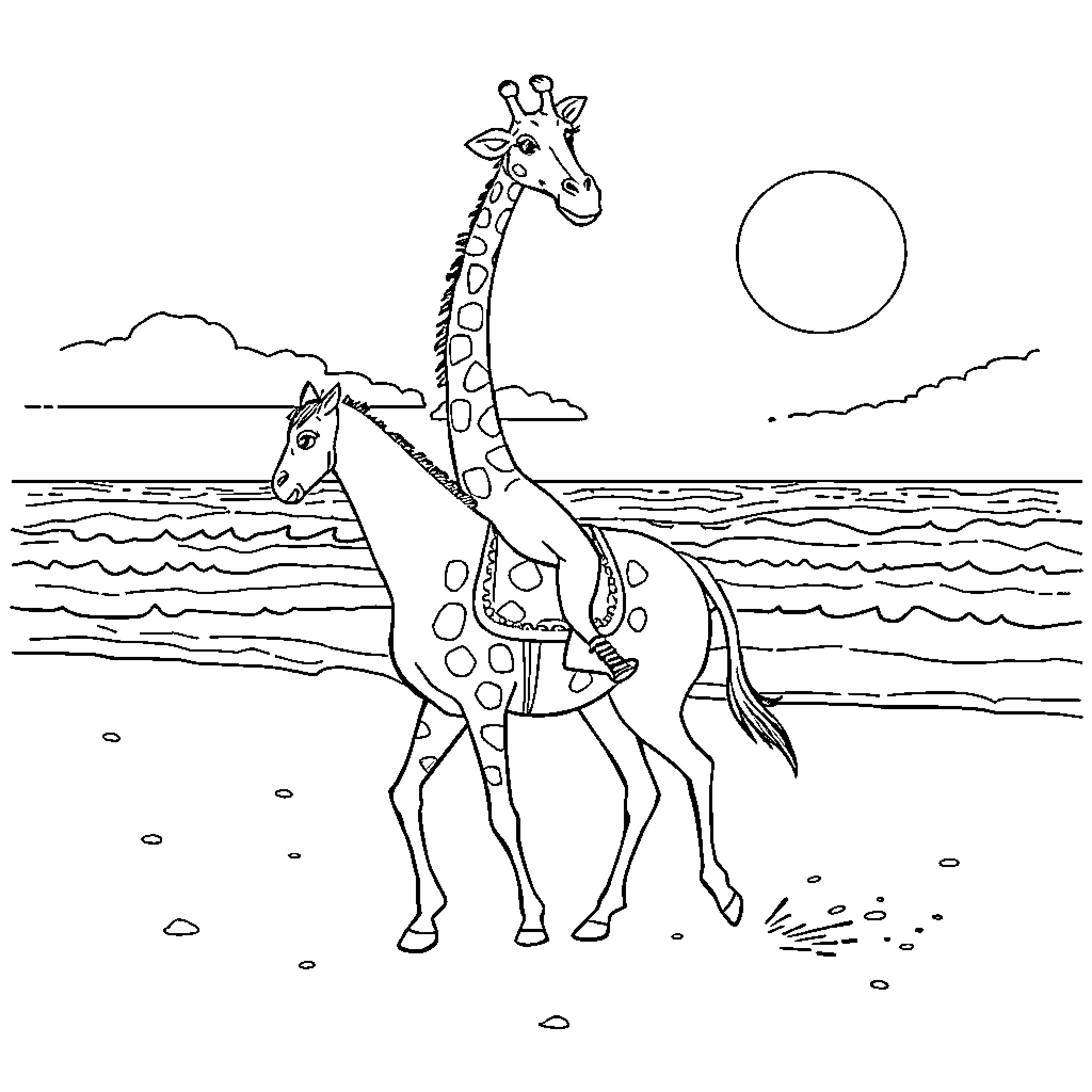 Giraffe enjoying a peaceful day by the lake Coloring Page (free black-and-white line drawing printable PDF for all, from beginners to advanced learners, including children, teens, adults, and seniors)