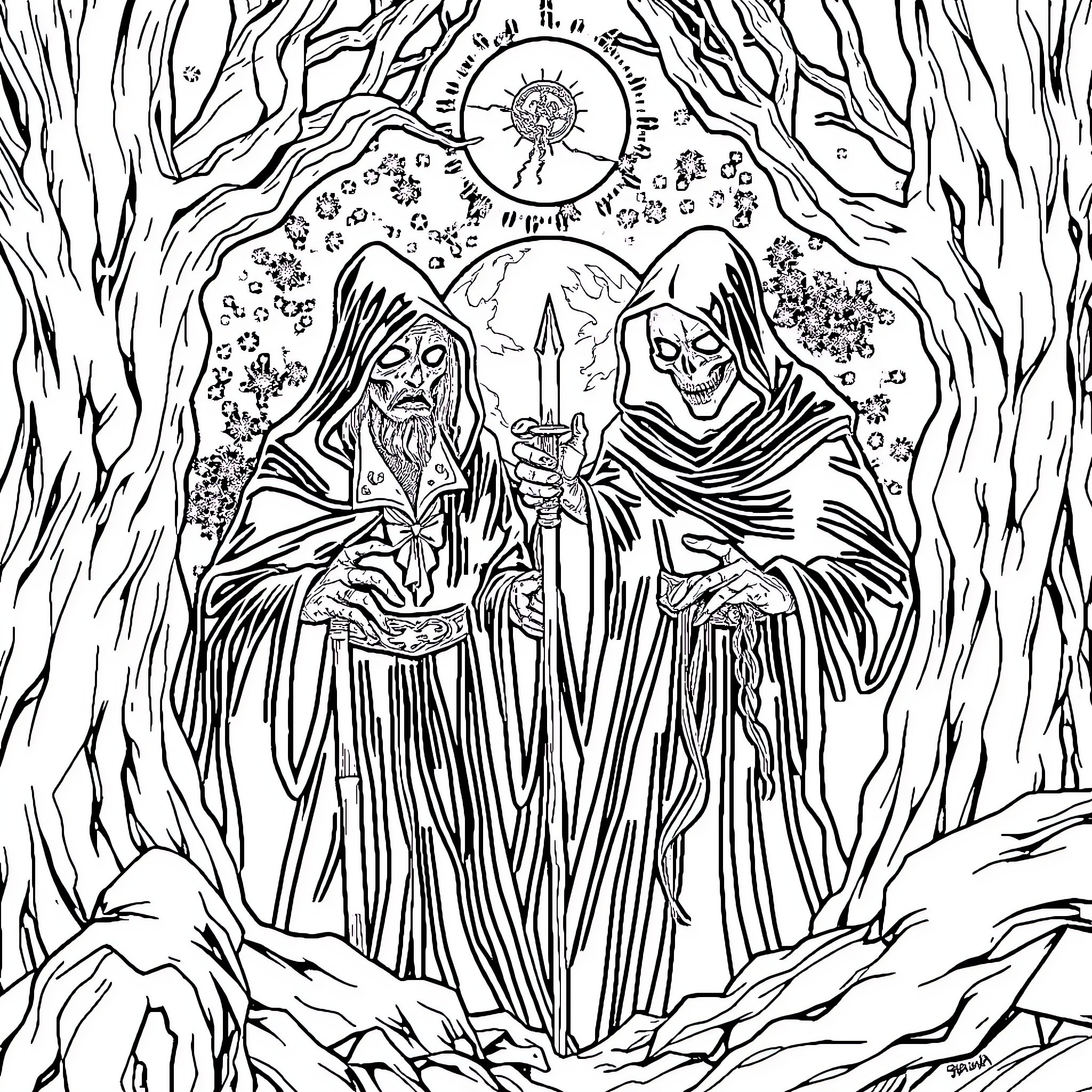 Time of Twilight and Shadow's Embrace Coloring Page (free black-and-white line drawing printable PDF for all, from beginners to advanced learners, including children, teens, adults, and seniors)