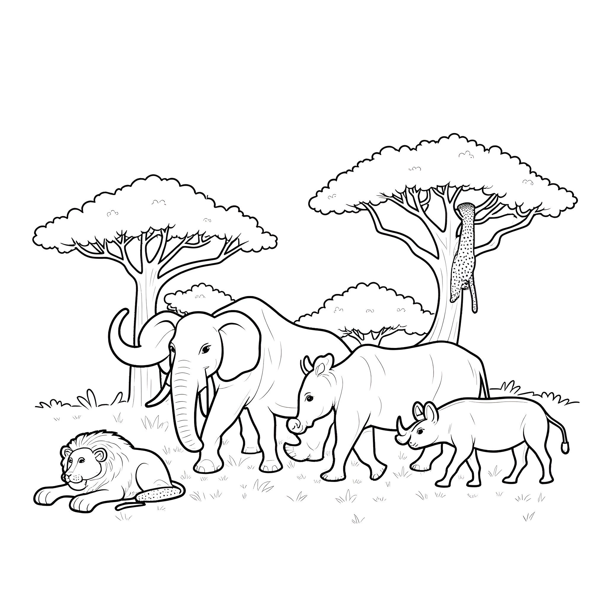 Big 5 African Animals in the Savanna Coloring Page (free black-and-white line drawing printable PDF for all, from beginners to advanced learners, including children, teens, adults, and seniors)