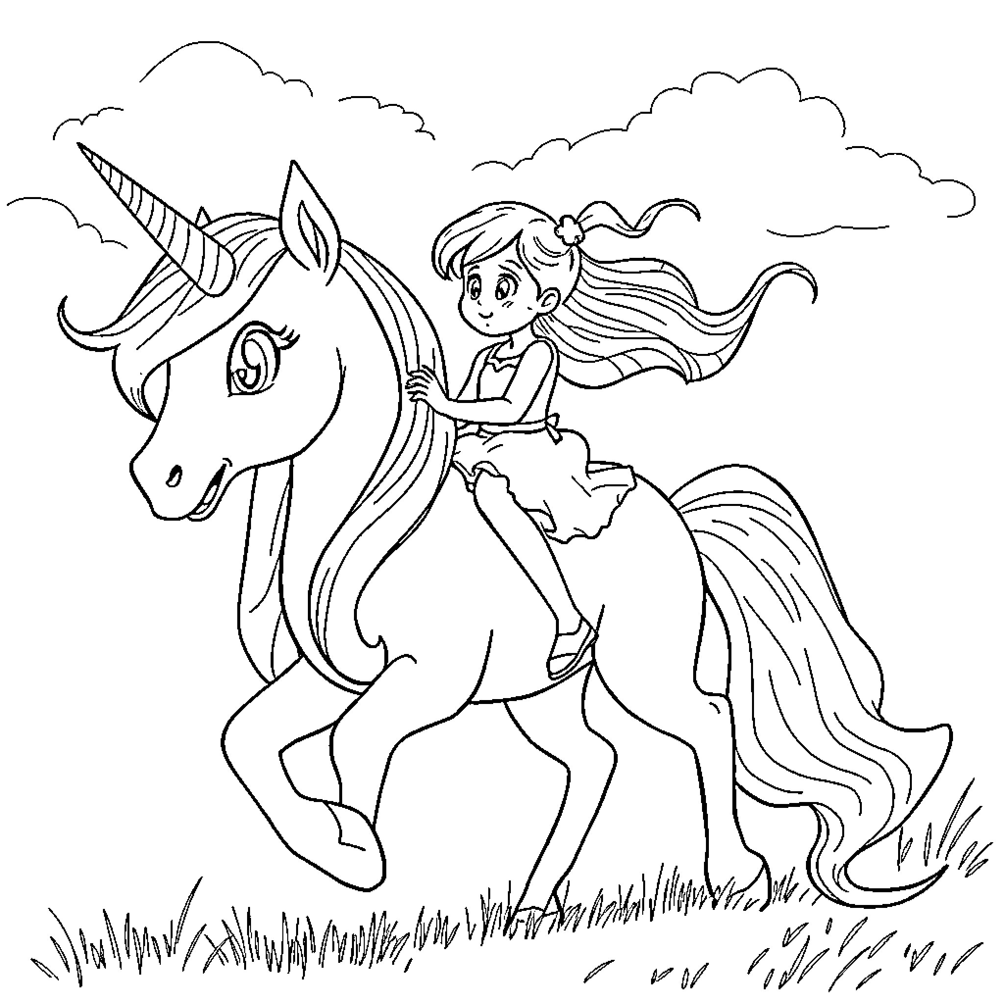 Princess Celestia riding a magical unicorn through the clouds Coloring Page (free black-and-white line drawing printable PDF for all, from beginners to advanced learners, including children, teens, adults, and seniors)