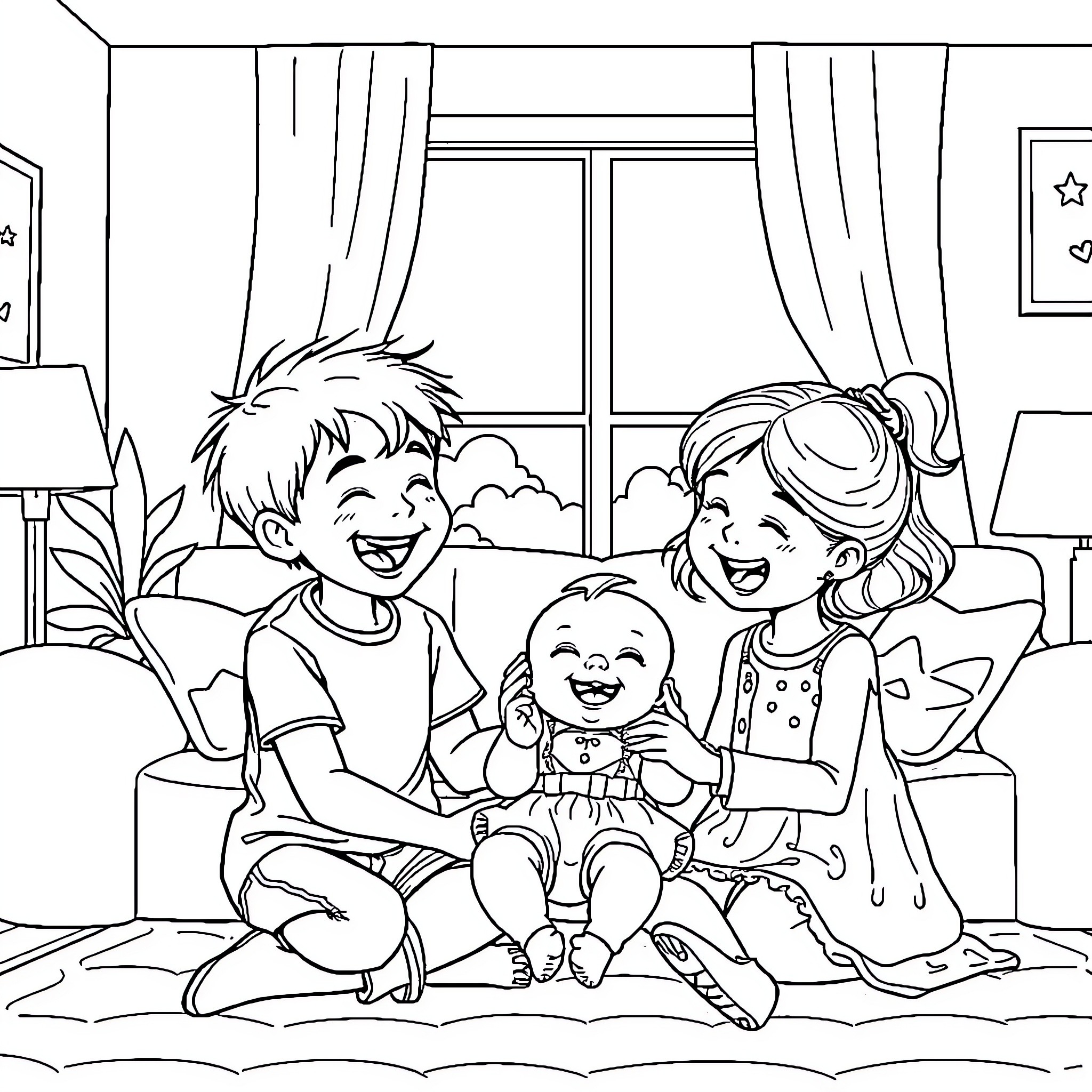 Kid siblings playing happily at home Coloring Page (free black-and-white line drawing printable PDF for all, from beginners to advanced learners, including children, teens, adults, and seniors)