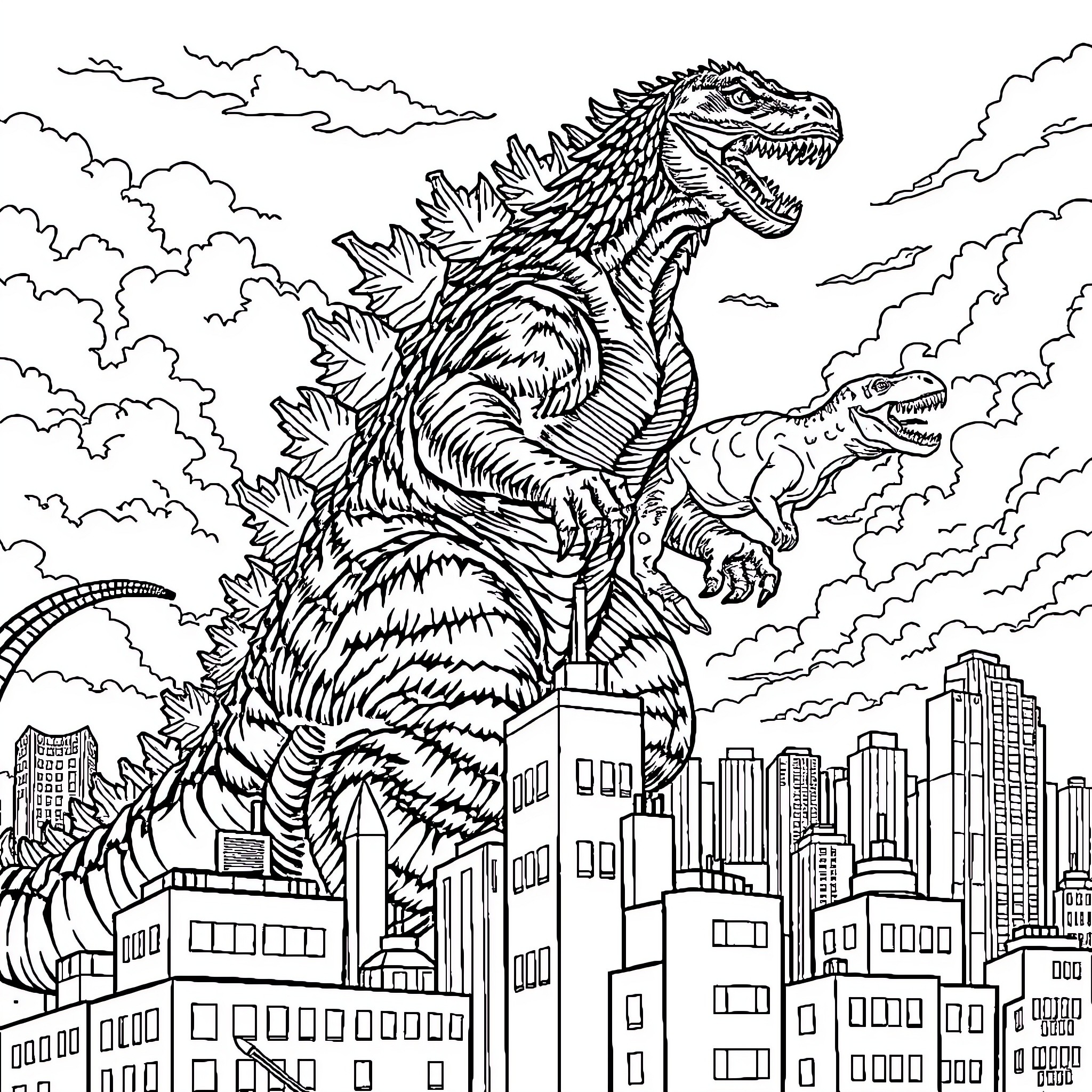 Godzilla rampaging through a city skyline Coloring Page (free black-and-white line drawing printable PDF for all, from beginners to advanced learners, including children, teens, adults, and seniors)