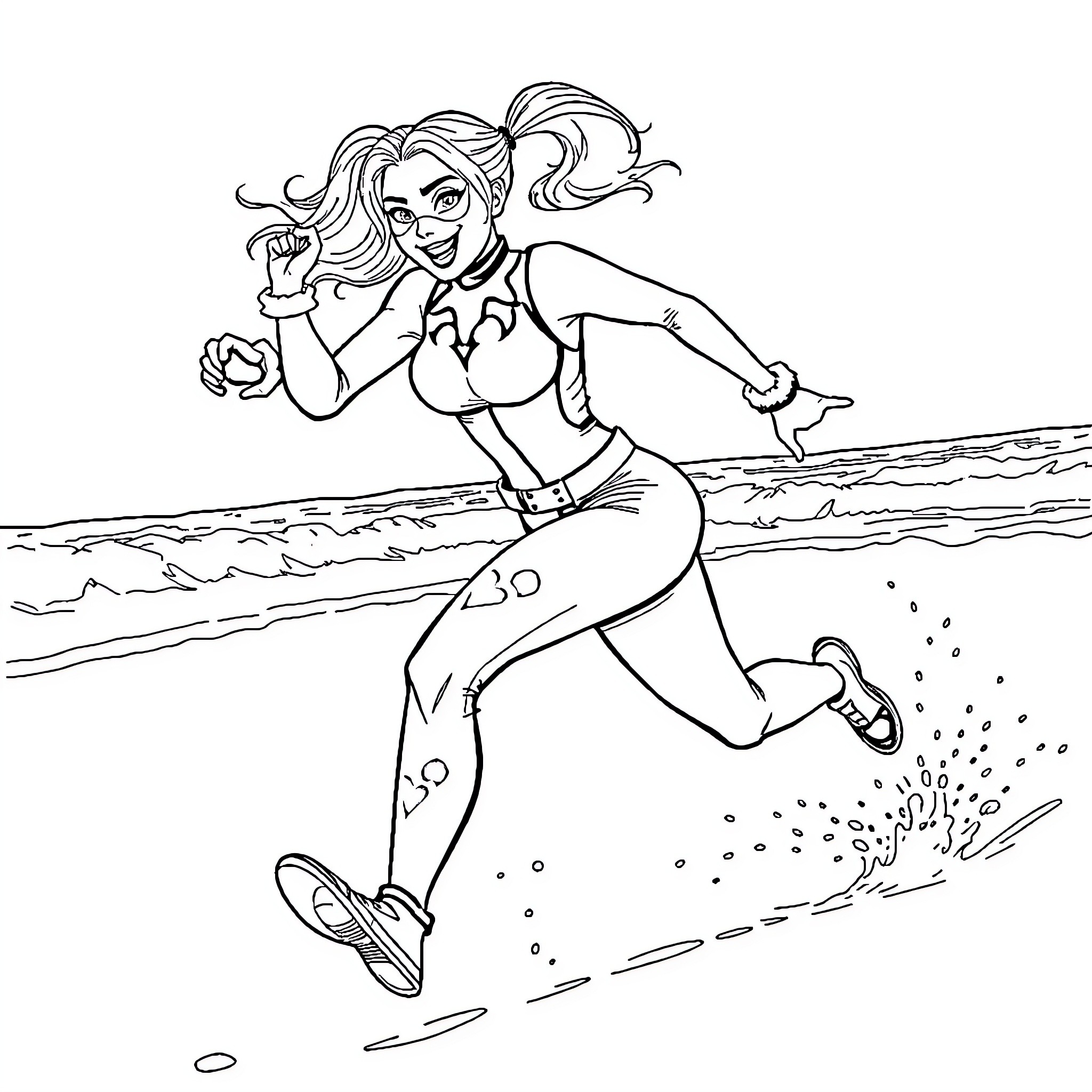 Harley Quinn's action-packed beach adventure Coloring Page (free black-and-white line drawing printable PDF for all, from beginners to advanced learners, including children, teens, adults, and seniors)