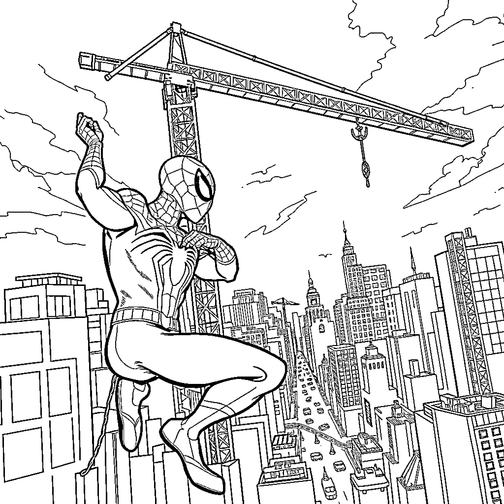 Spiderman swinging over the city skyline Coloring Page (free black-and-white line drawing printable PDF for all, from beginners to advanced learners, including children, teens, adults, and seniors)