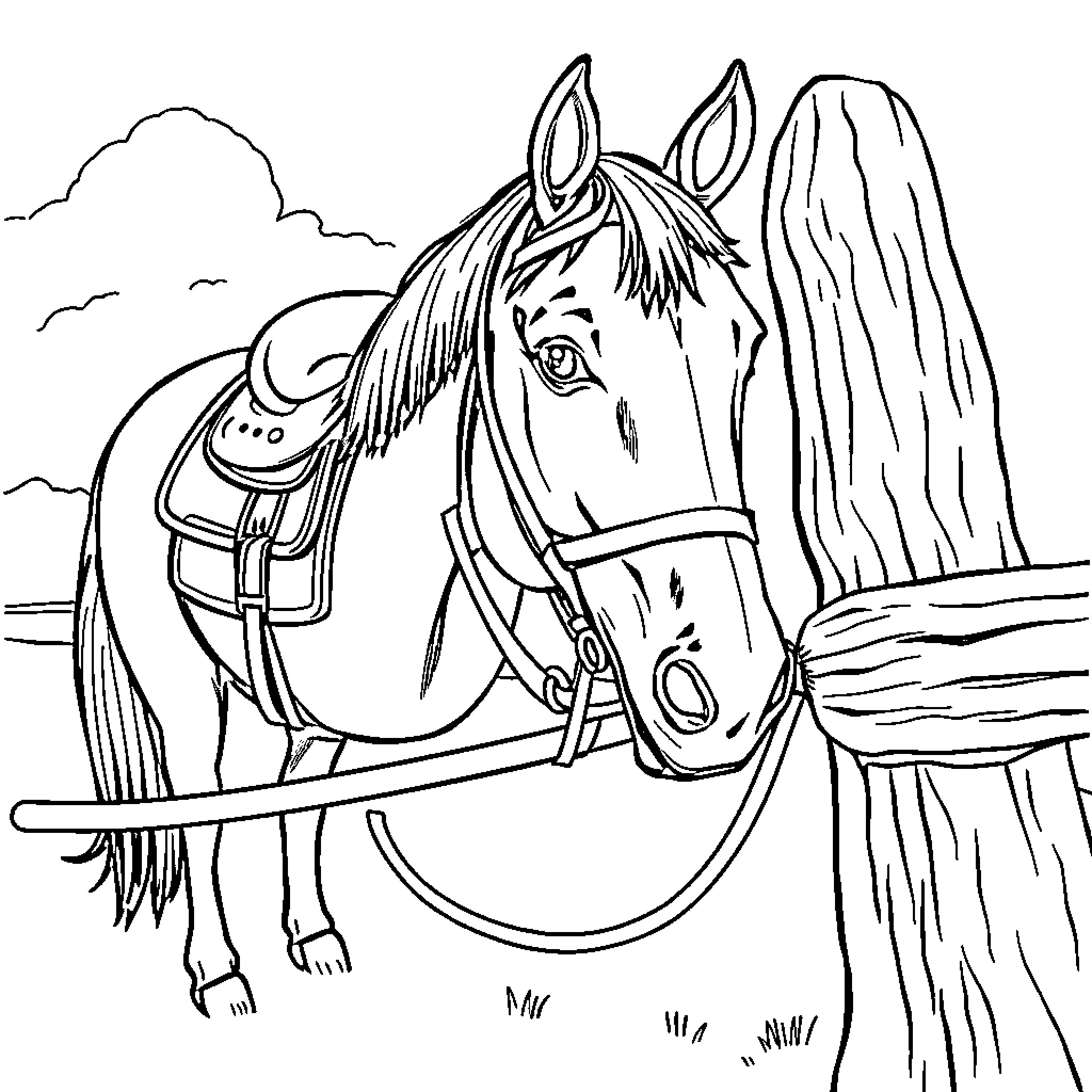 Horse saddled and ready for adventure Coloring Page (free black-and-white line drawing printable PDF for all, from beginners to advanced learners, including children, teens, adults, and seniors)