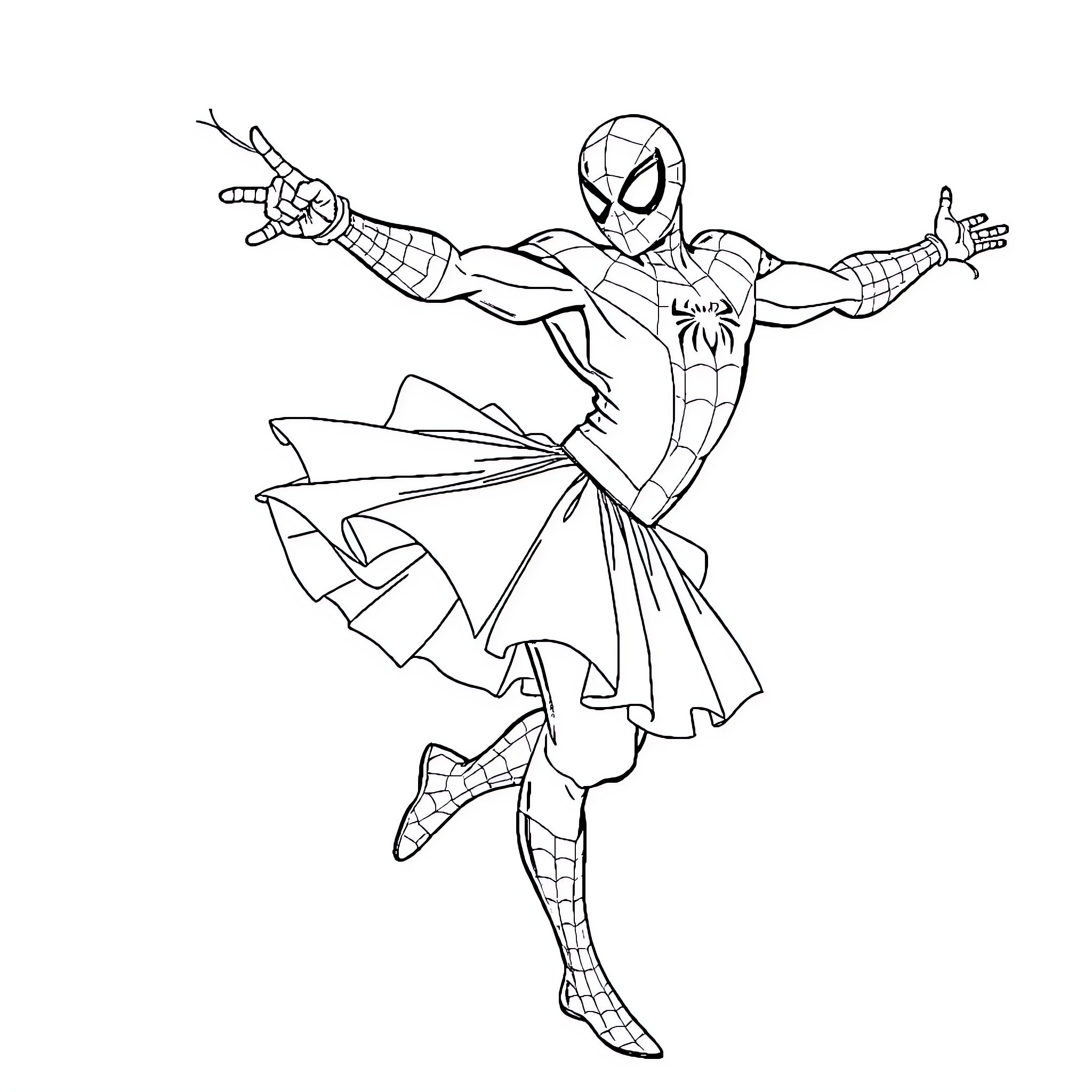 Spiderman swinging through the city with outstretched arms Coloring Page (free black-and-white line drawing printable PDF for all, from beginners to advanced learners, including children, teens, adults, and seniors)