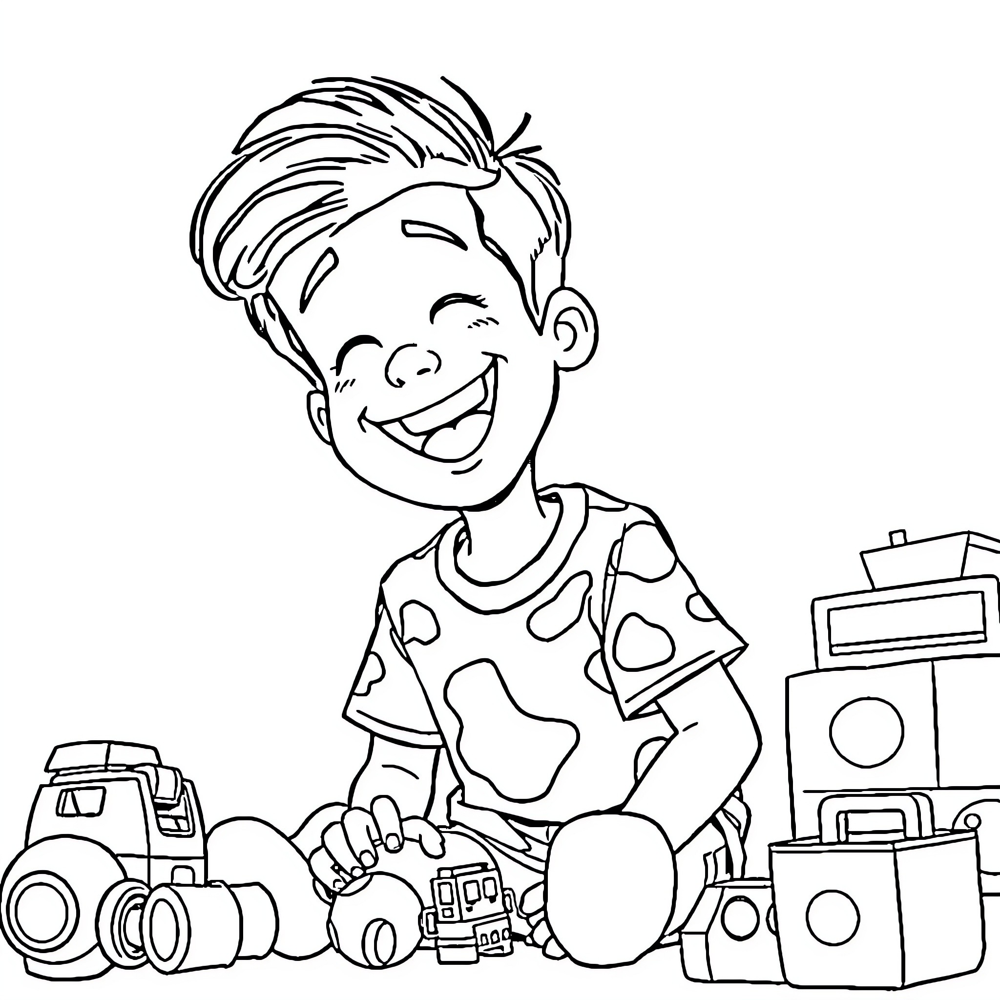 Chandler playing joyfully with toys Coloring Page (free black-and-white line drawing printable PDF for all, from beginners to advanced learners, including children, teens, adults, and seniors)