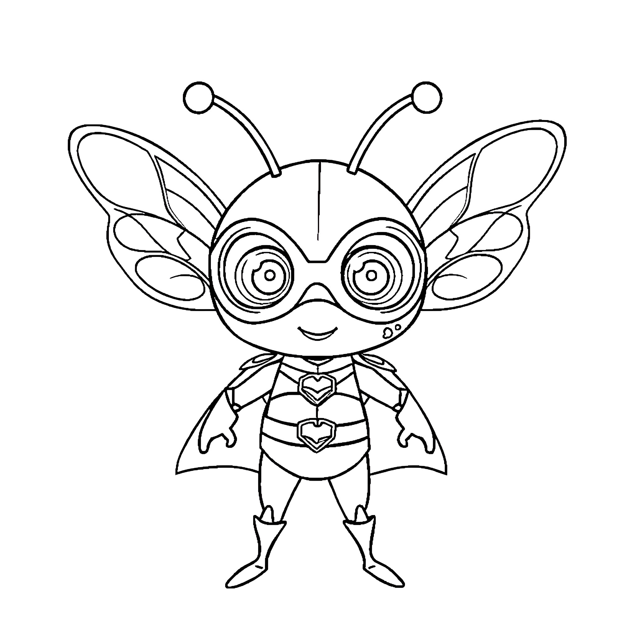 Bug with Heart-Shaped Costume and Goggles Coloring Page (free black-and-white line drawing printable PDF for all, from beginners to advanced learners, including children, teens, adults, and seniors)