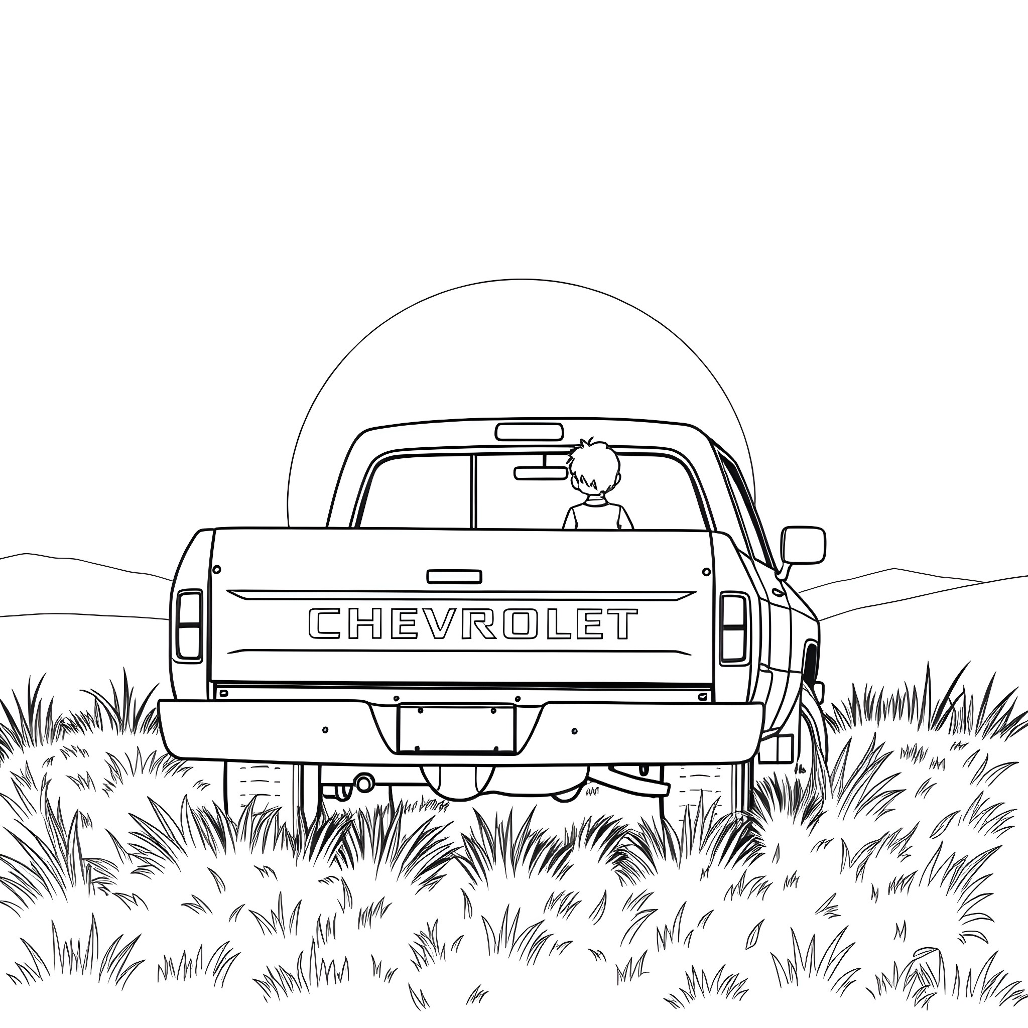 Chevrolet Truck parked in a grassy field Coloring Page (free black-and-white line drawing printable PDF for all, from beginners to advanced learners, including children, teens, adults, and seniors)