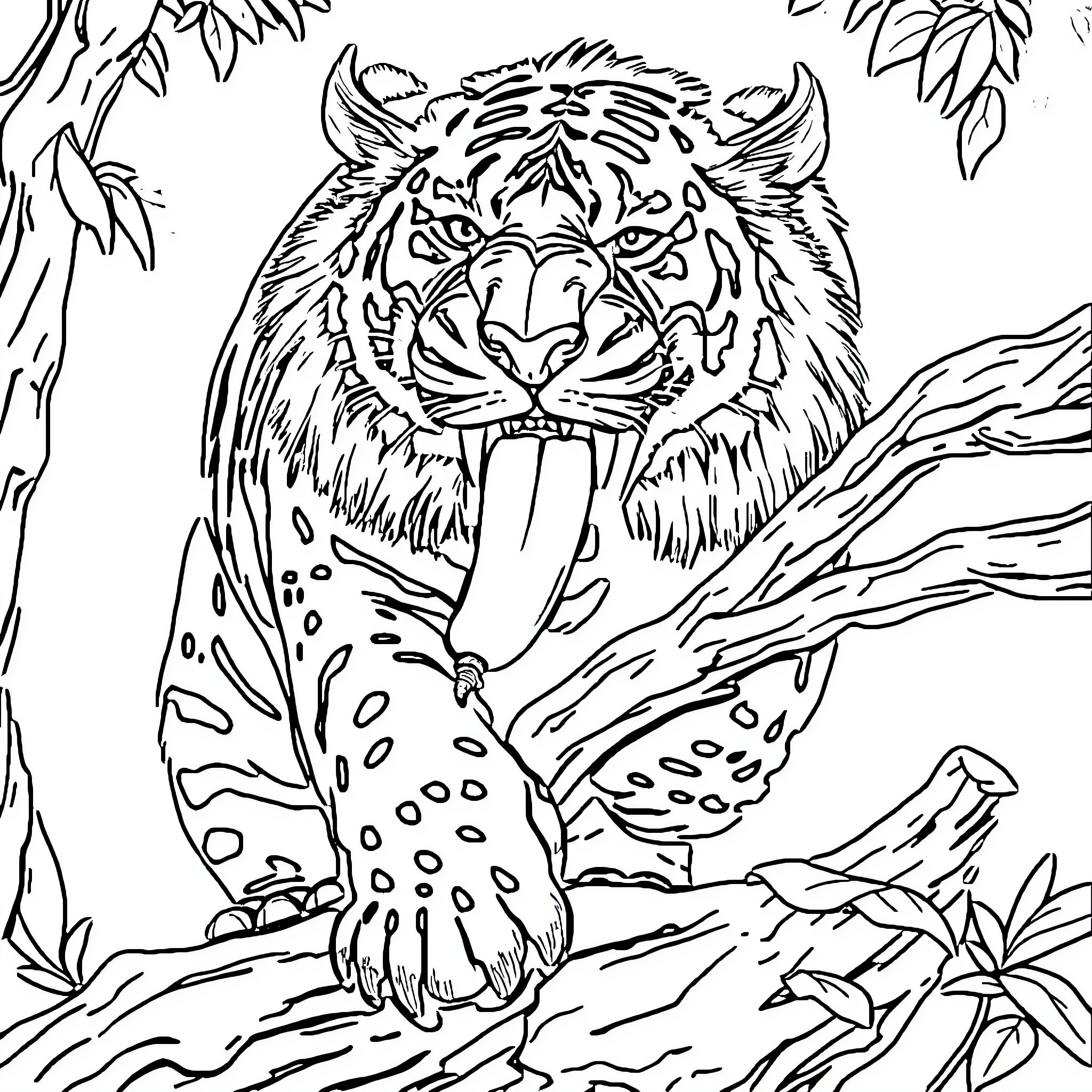 Tiger roaring fiercely in the jungle Coloring Page (free black-and-white line drawing printable PDF for all, from beginners to advanced learners, including children, teens, adults, and seniors)