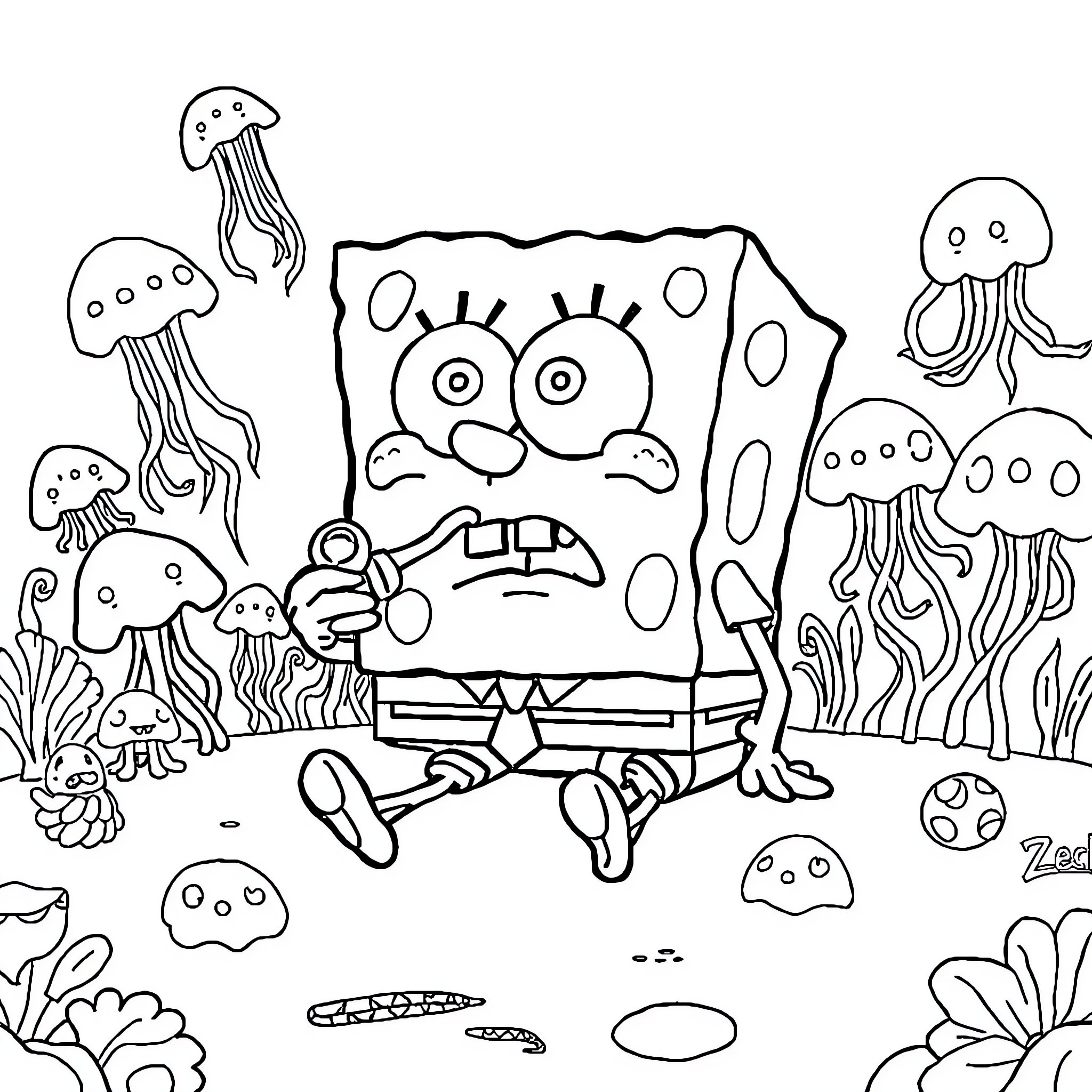 Spongebob enjoying underwater adventure with jellyfish friends Coloring Page (free black-and-white line drawing printable PDF for all, from beginners to advanced learners, including children, teens, adults, and seniors)