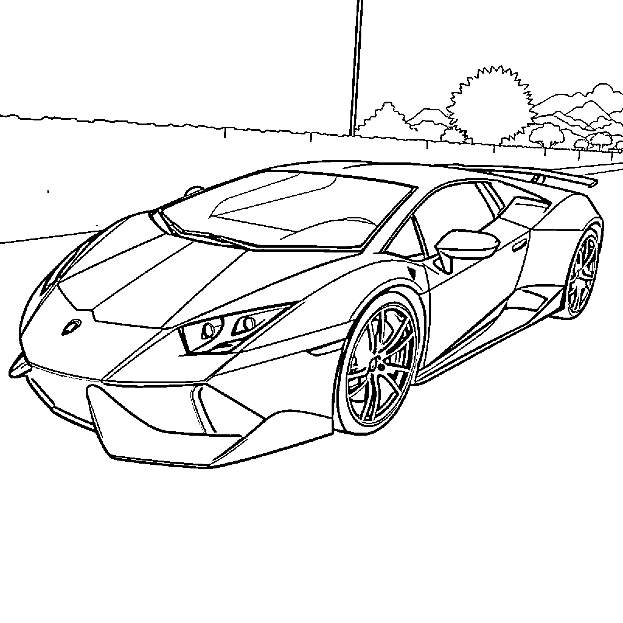 Lamborghini sports car speeding on the road Coloring Page (free black-and-white line drawing printable PDF for all, from beginners to advanced learners, including children, teens, adults, and seniors)