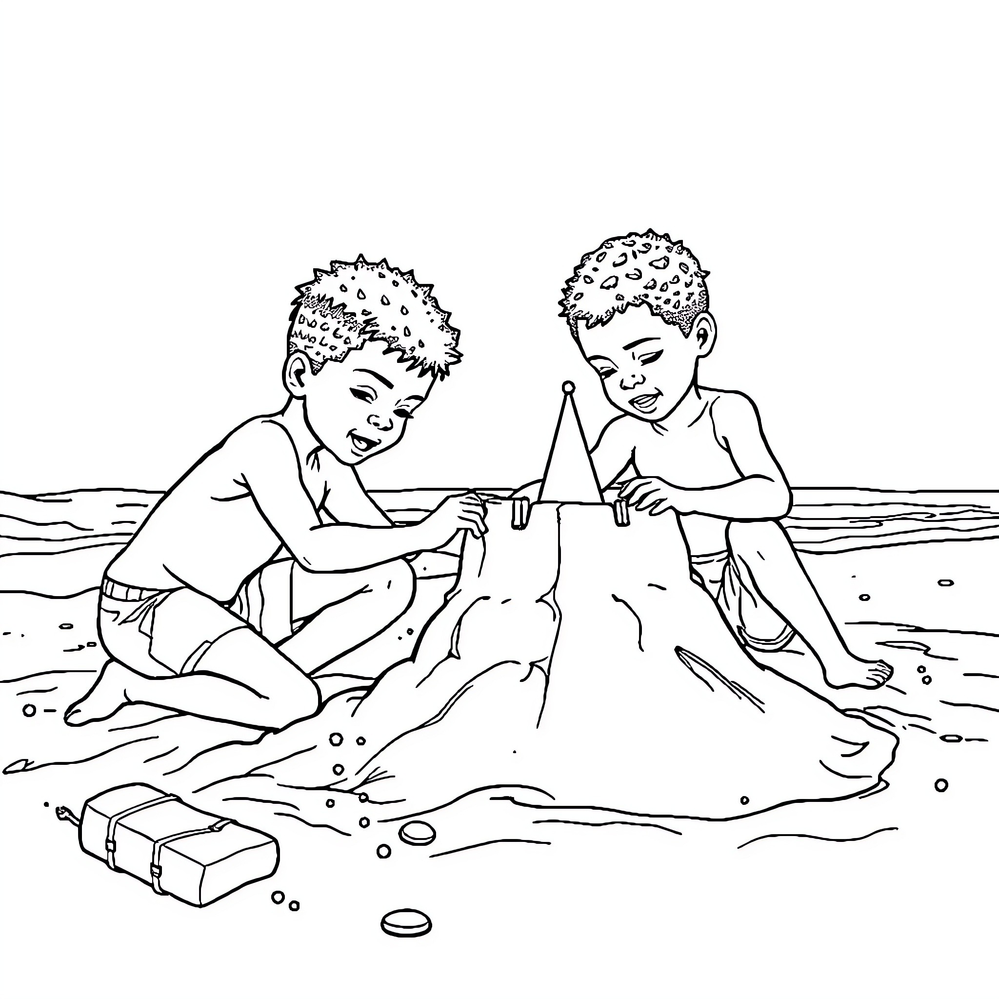Boys playing joyfully in the water Coloring Page (free black-and-white line drawing printable PDF for all, from beginners to advanced learners, including children, teens, adults, and seniors)