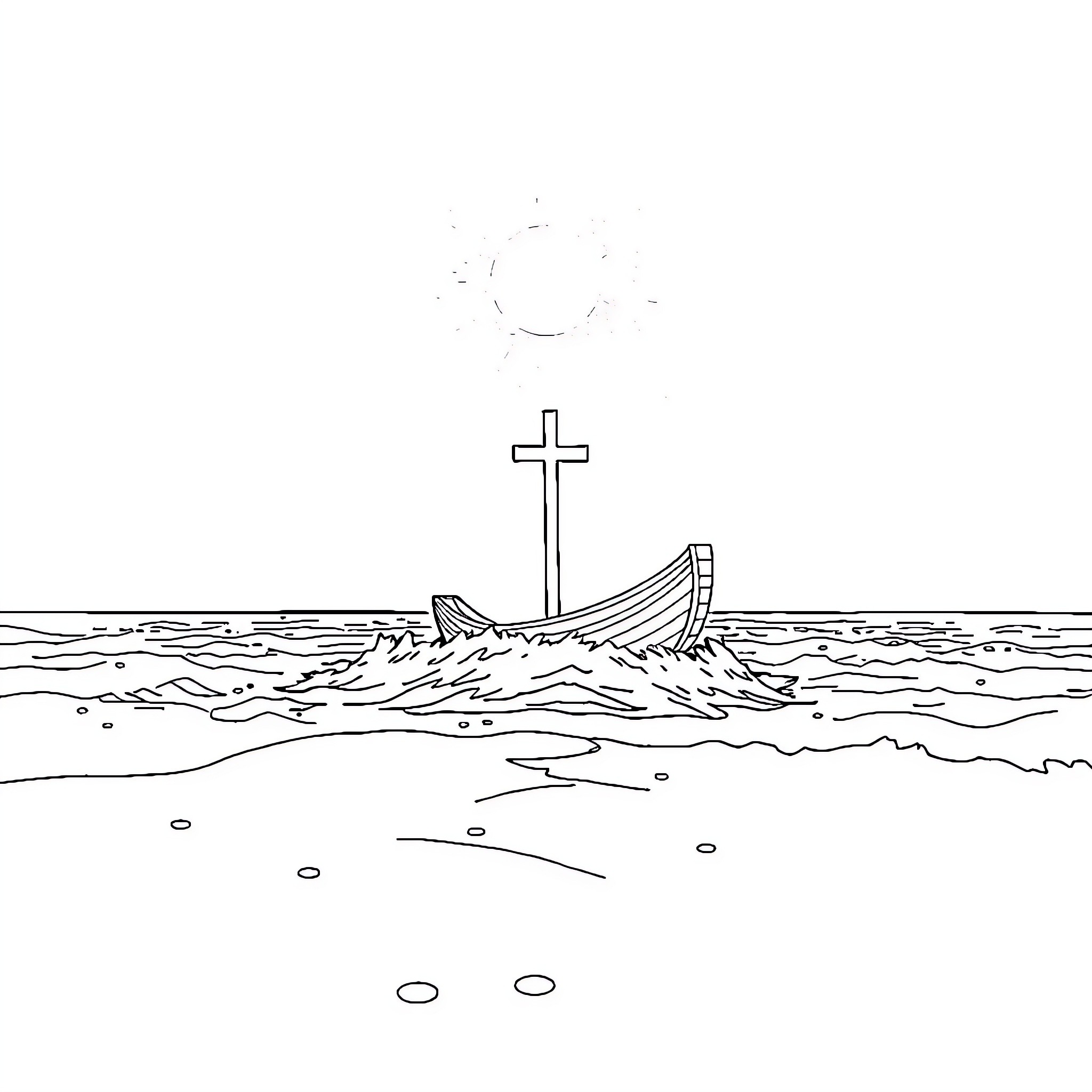 Halo of a shipwreck in the stormy sea Coloring Page (free black-and-white line drawing printable PDF for all, from beginners to advanced learners, including children, teens, adults, and seniors)