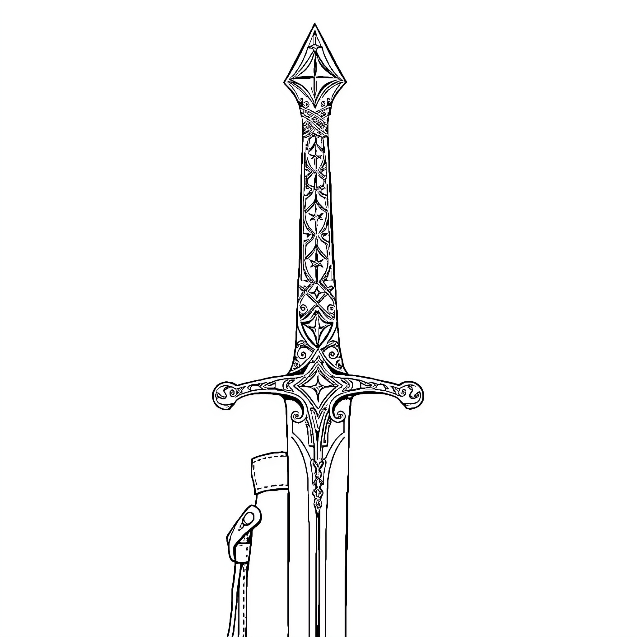 Geralt Sword of Ornate Fantasy Design Coloring Page (free black-and-white line drawing printable PDF for all, from beginners to advanced learners, including children, teens, adults, and seniors)