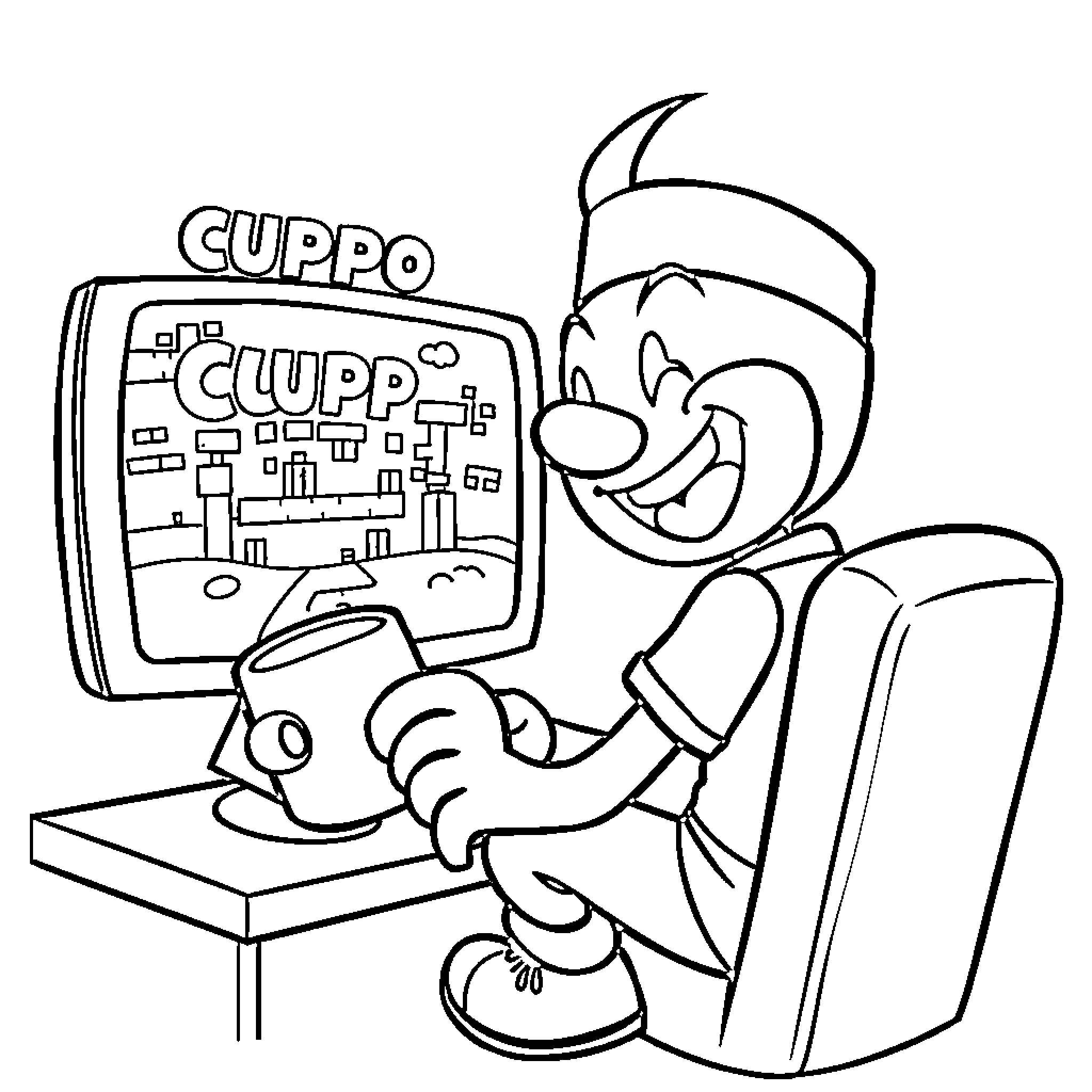 Mugman enjoying a video game Coloring Page (free black-and-white line drawing printable PDF for all, from beginners to advanced learners, including children, teens, adults, and seniors)
