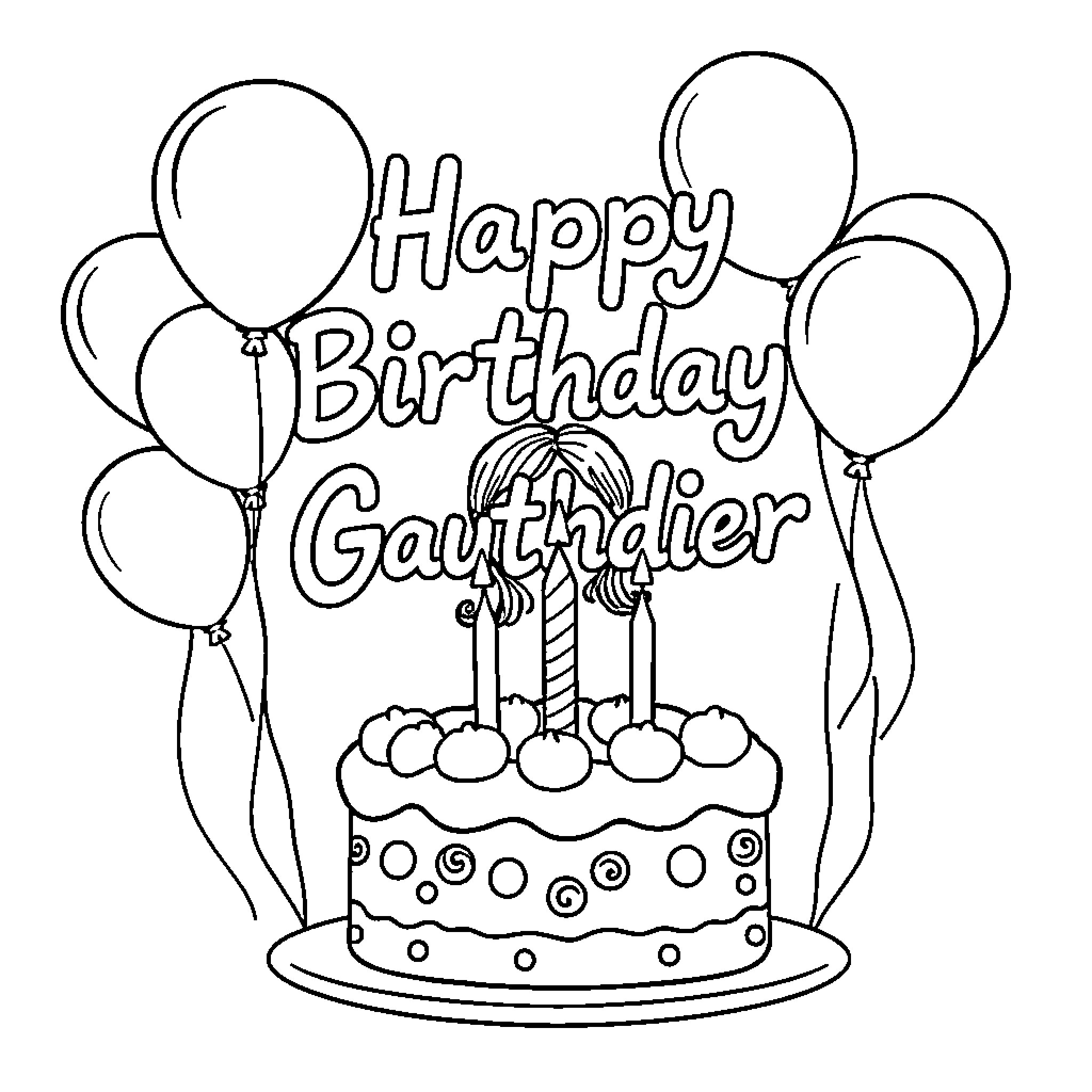 Ms. Gauthier's Happy Birthday with Festive Cake and Balloons Coloring Page (free black-and-white line drawing printable PDF for all, from beginners to advanced learners, including children, teens, adults, and seniors)