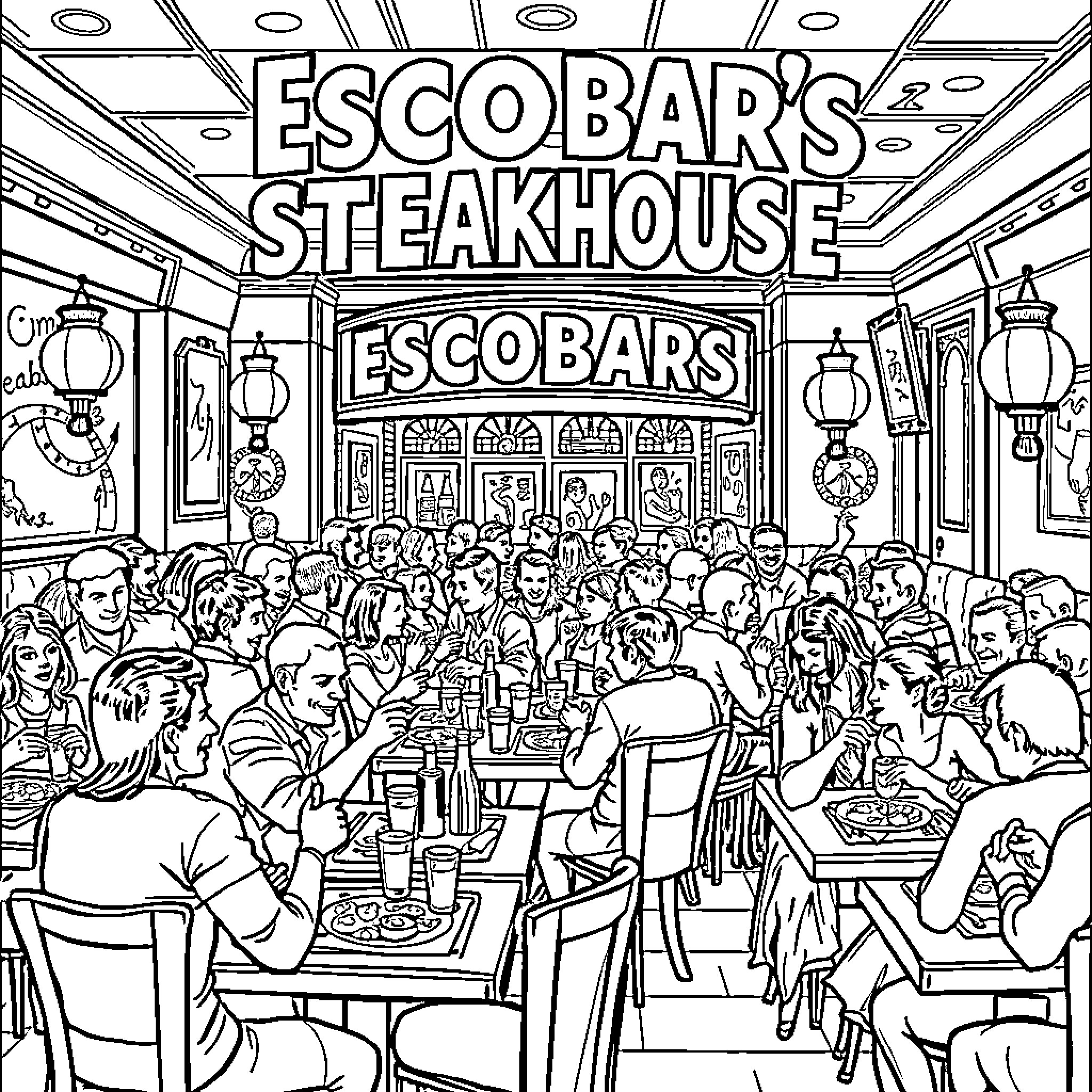 Steakhouse with a Lively Dining Experience Coloring Page (free black-and-white line drawing printable PDF for all, from beginners to advanced learners, including children, teens, adults, and seniors)