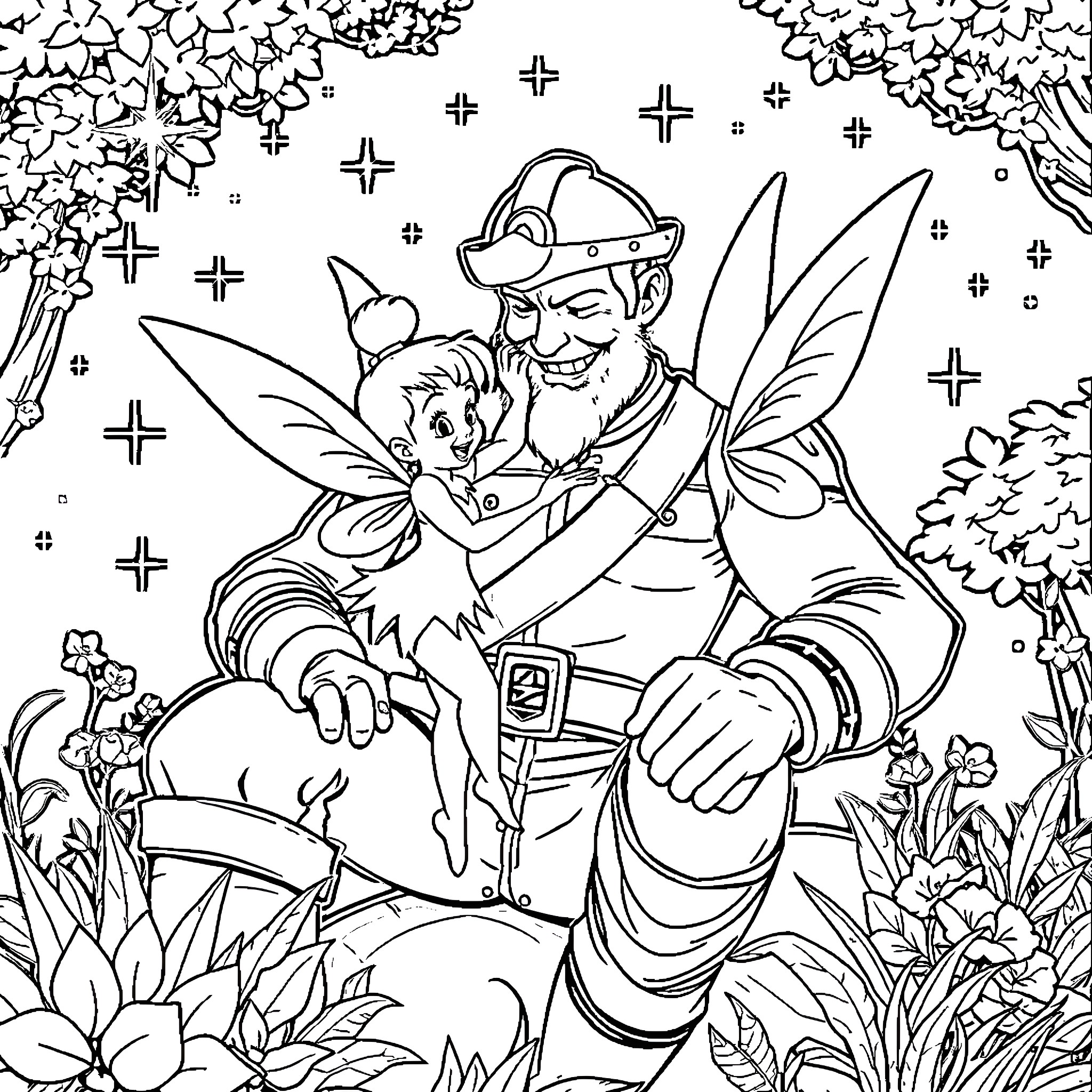 Tinkerbell and the Friendly Gardener Coloring Page (free black-and-white line drawing printable PDF for all, from beginners to advanced learners, including children, teens, adults, and seniors)