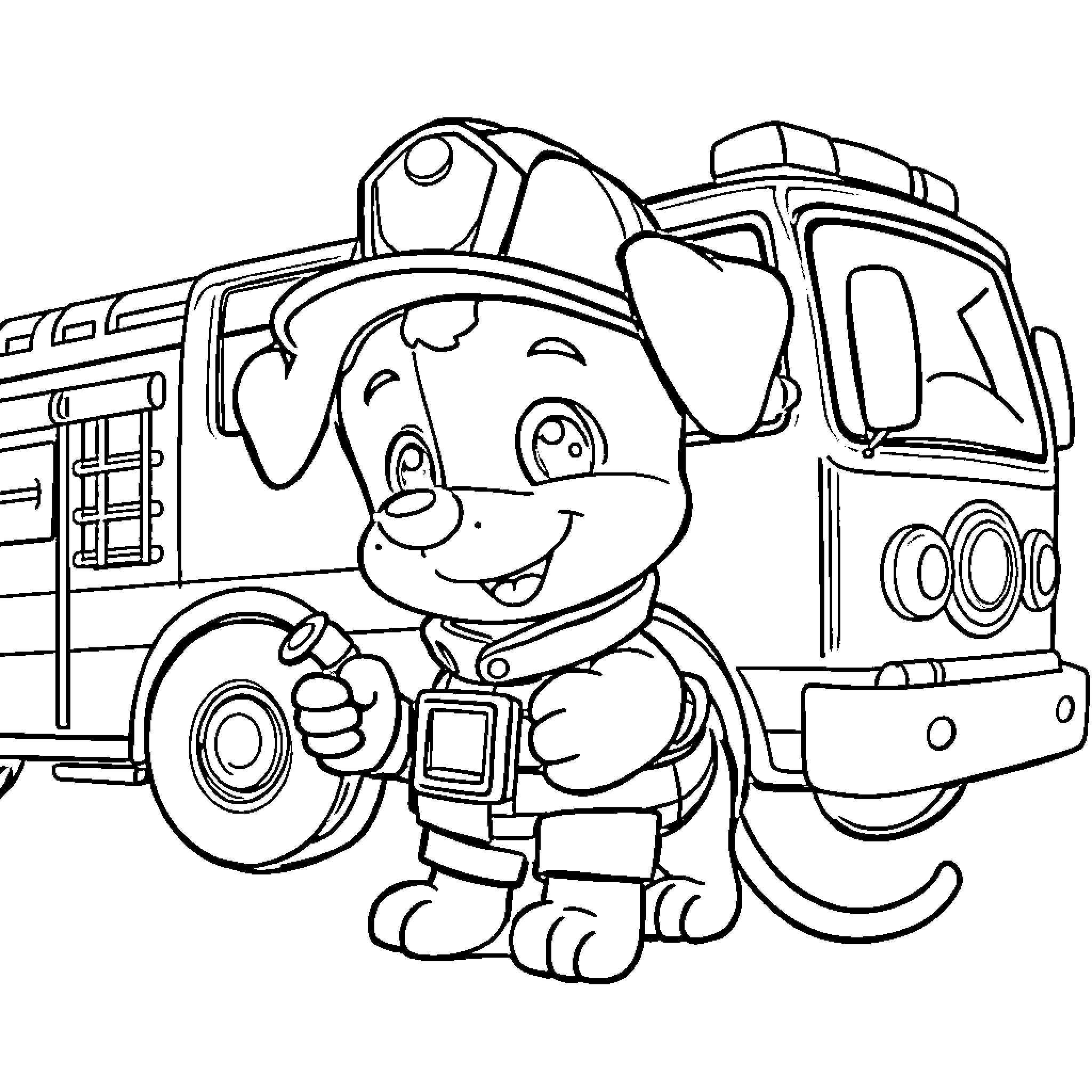 Puppy firefighter exploring fire truck Coloring Page (free black-and-white line drawing printable PDF for all, from beginners to advanced learners, including children, teens, adults, and seniors)