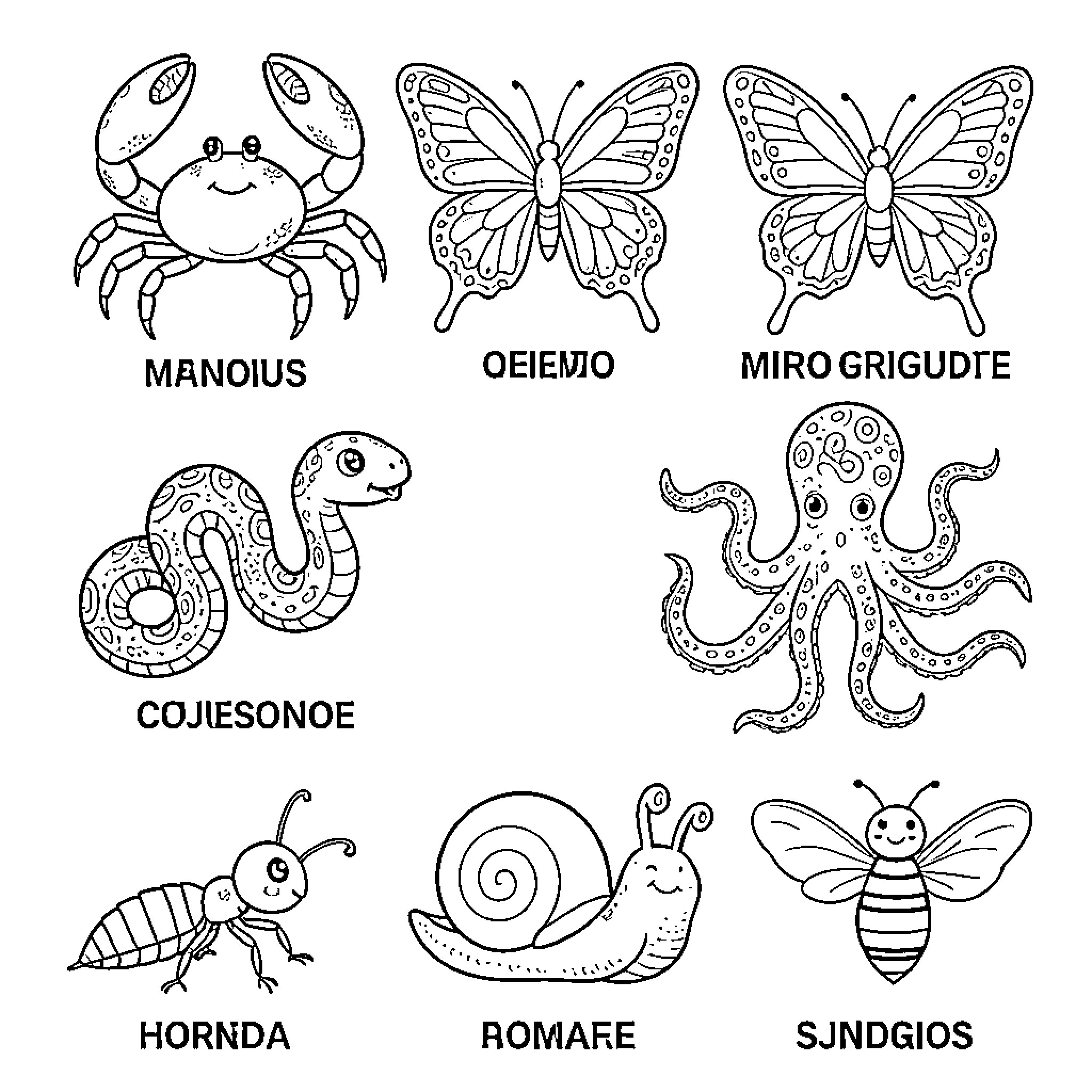 Crustacean and various animals in a playful arrangement Coloring Page (free black-and-white line drawing printable PDF for all, from beginners to advanced learners, including children, teens, adults, and seniors)