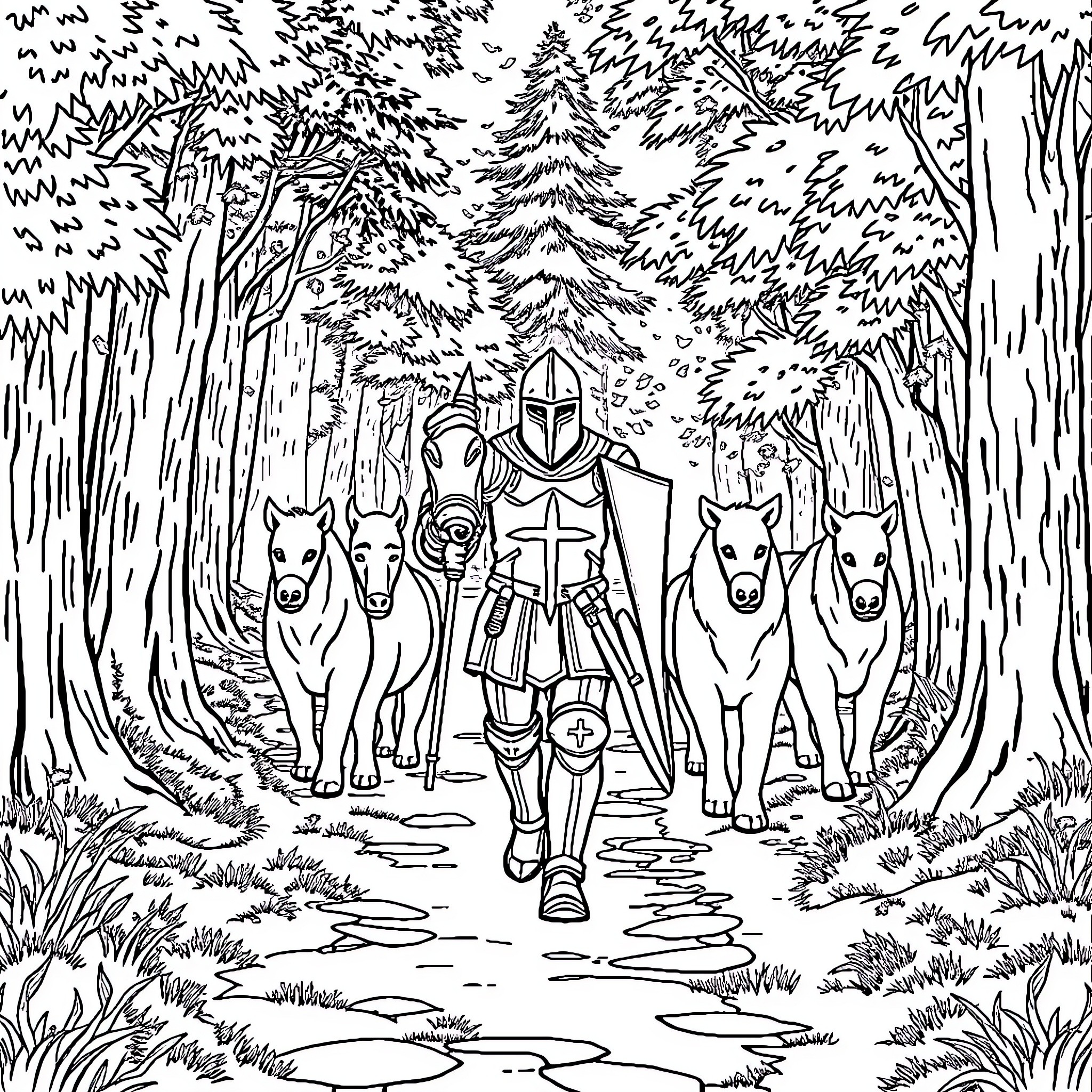 Knight leading a pack of wolves through the forest Coloring Page (free black-and-white line drawing printable PDF for all, from beginners to advanced learners, including children, teens, adults, and seniors)