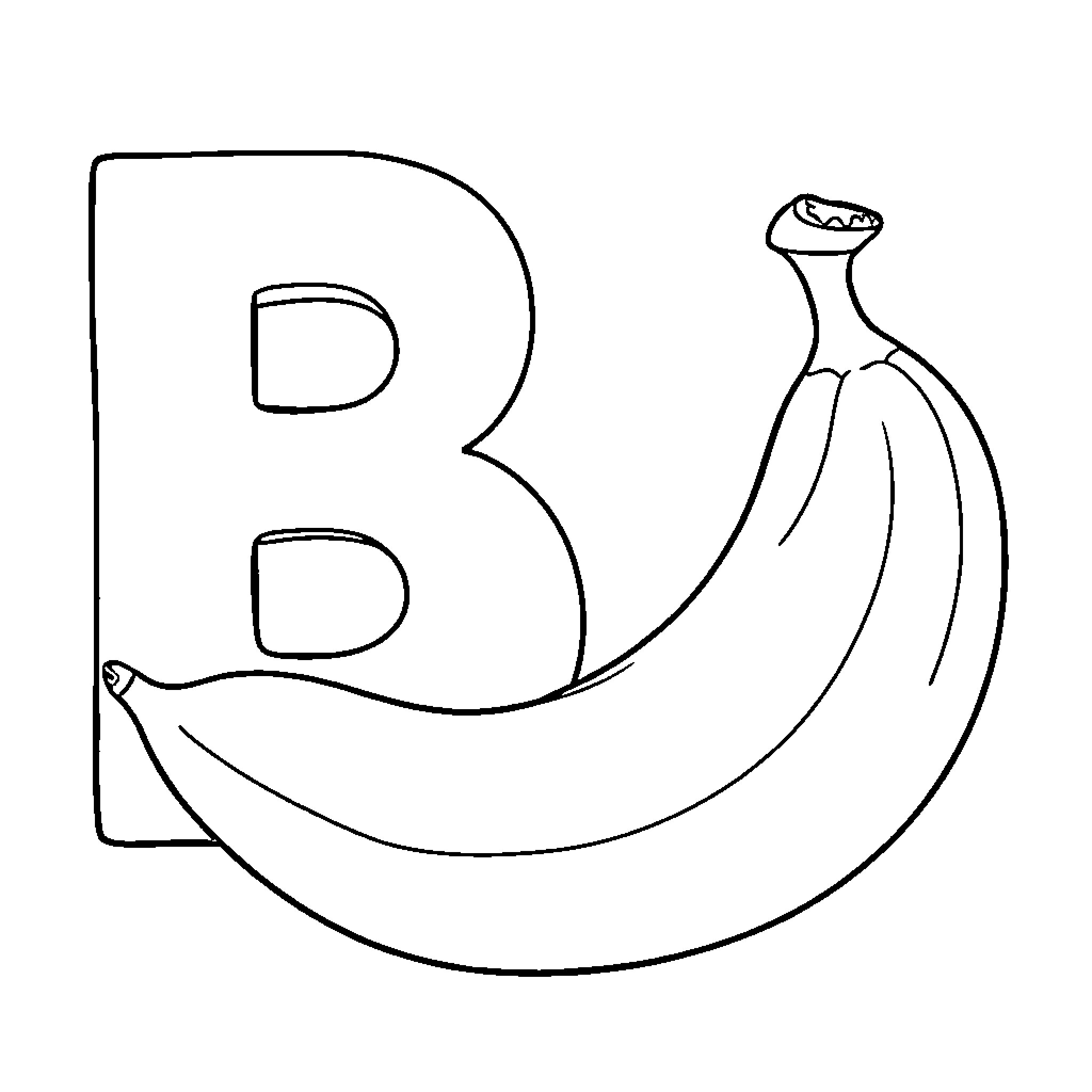 Banana shaped alphabet letter B Coloring Page (free black-and-white line drawing printable PDF for all, from beginners to advanced learners, including children, teens, adults, and seniors)