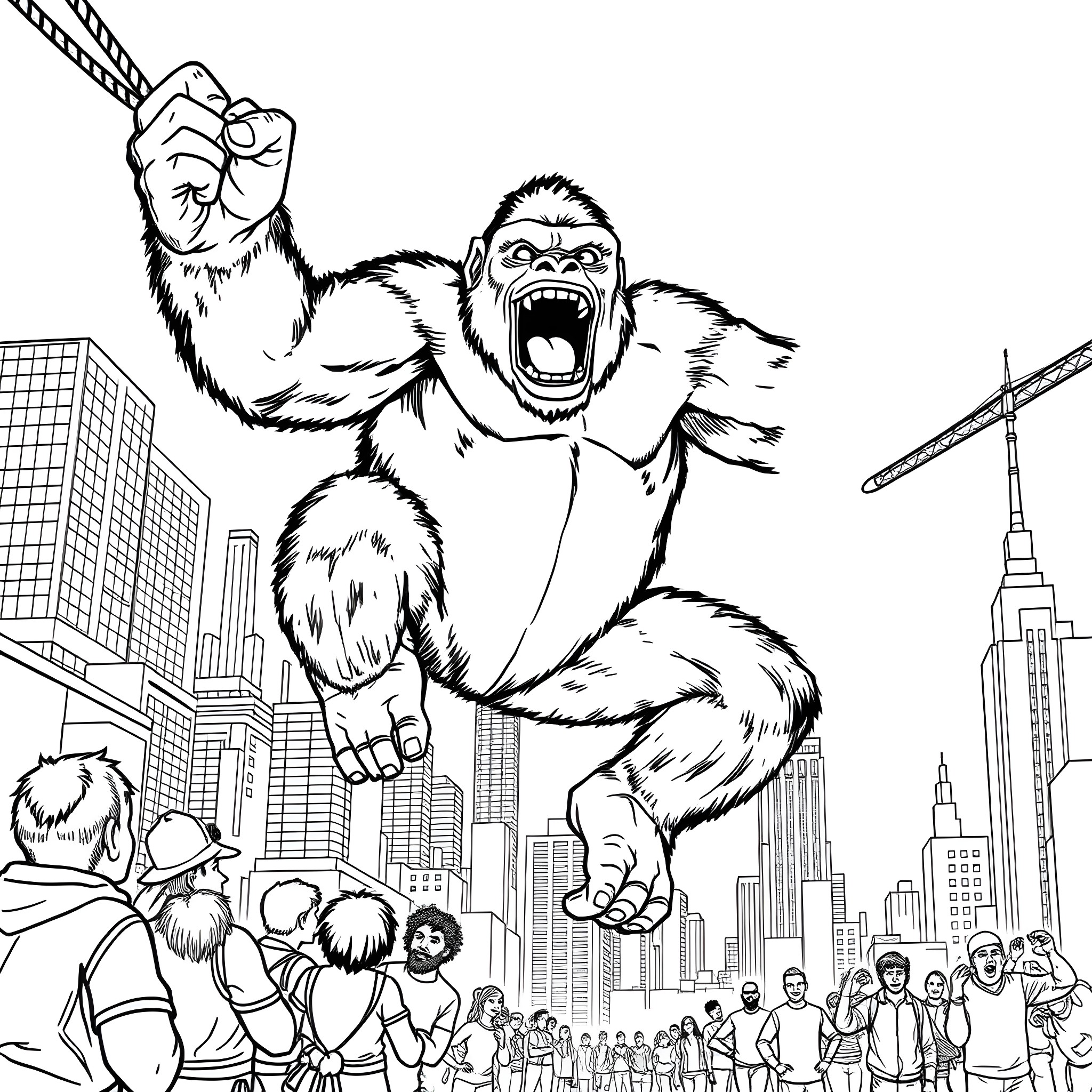 King Kong Rampaging Through a City Coloring Page (free black-and-white line drawing printable PDF for all, from beginners to advanced learners, including children, teens, adults, and seniors)